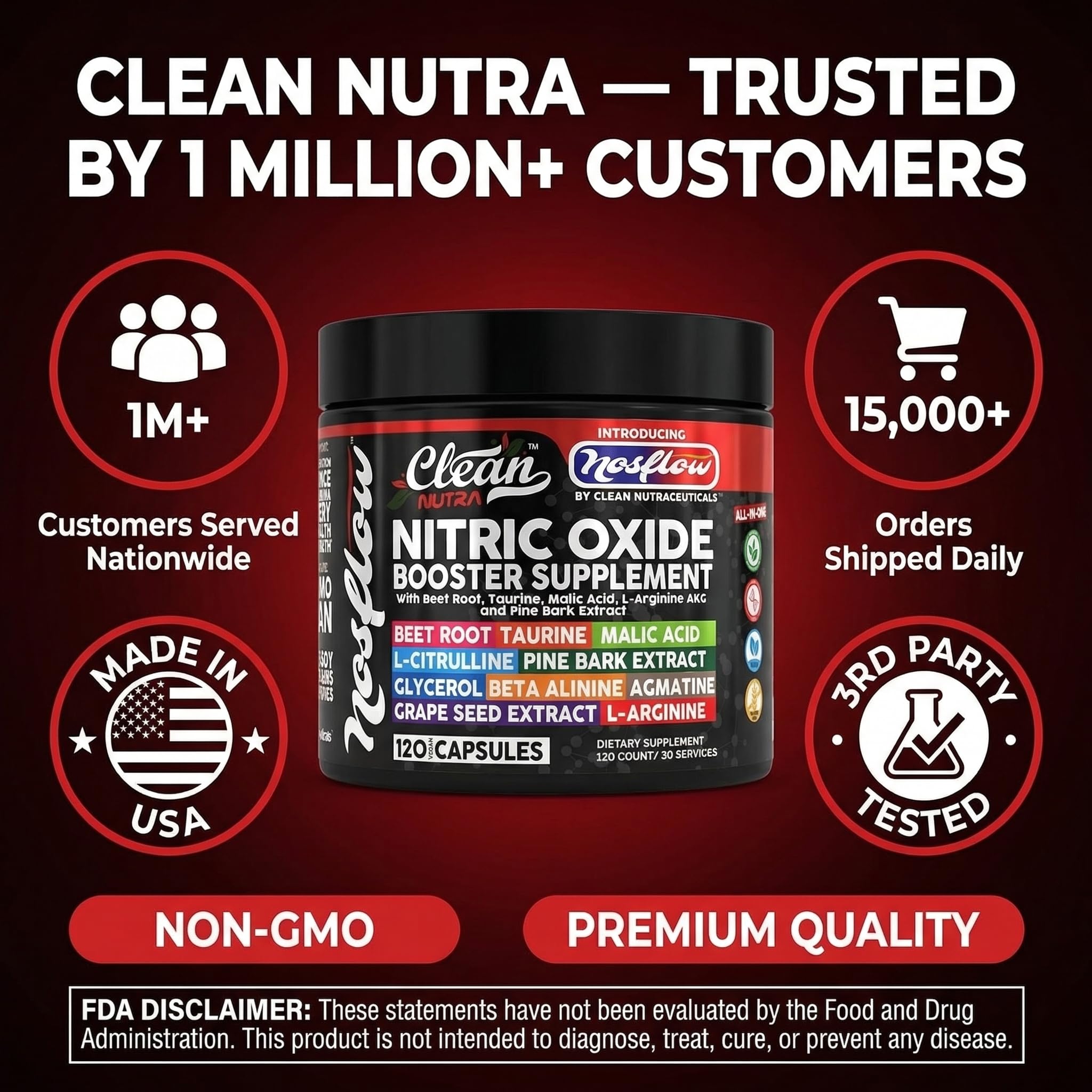 NosFlow Nitric Oxide Supplements for Men | Beet Root Taurine L-Arginine Malic Acid L-Arginine L-Citrulline Pine Bark Glycerol Agmatine Grape Seed Vitamin C B12 B3 By Clean Nutra — Amazon image 8
