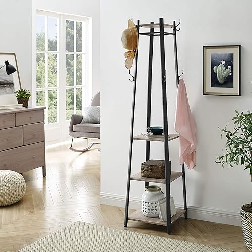 Miniatura 19 de VASAGLE Perchero con 3 estantes, árbol de pasillo independiente con ganchos para bufandas, bolsos, paraguas, marco de acero, estilo industrial, para
