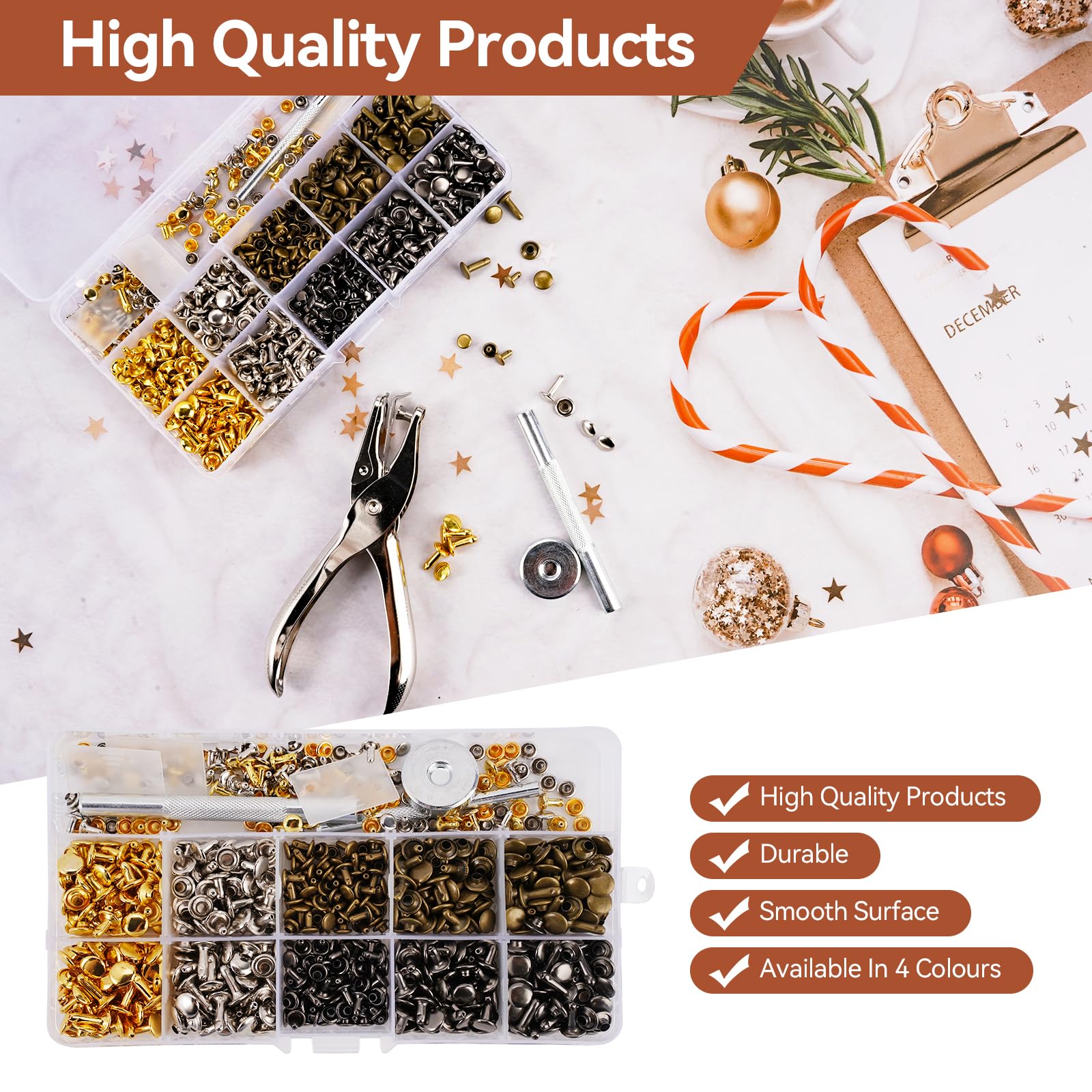 RUNYU® Lederen klinknagels 360 set: 4 kleuren holle klinknagels 3 maten lederen klinknagels naaivrije drukknopen metalen drukknop met fixeergereedschap kit, klinknagel voor leer ambachtelijke