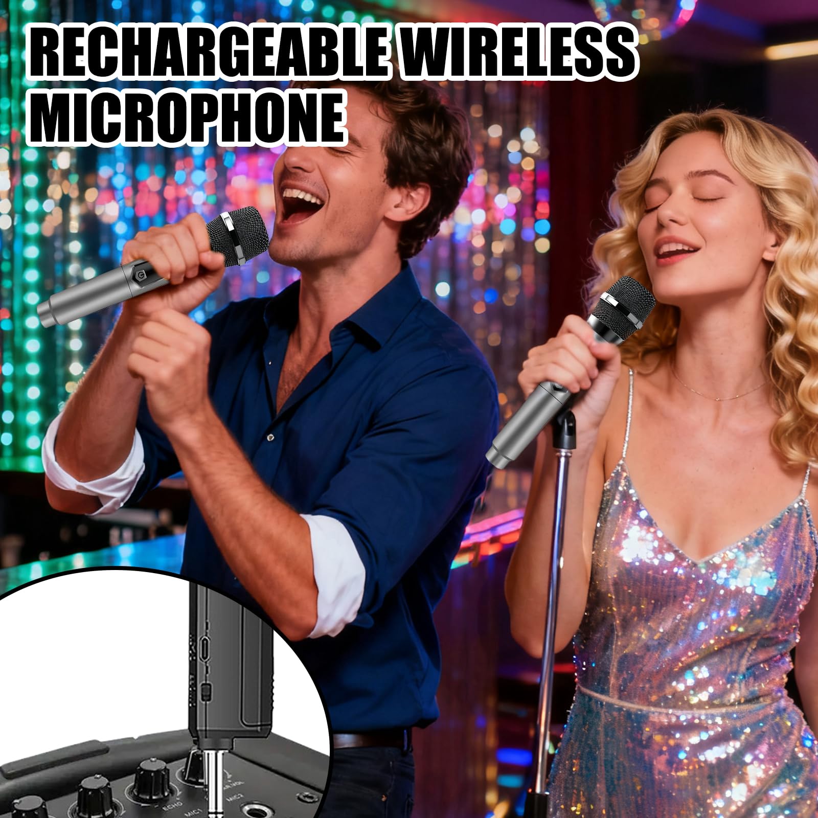 Kabelloses Mikrofon, Wiederaufladbares Funkmikrofon, Dual-Handmikrofon mit USB-C, Mikrofon Kabellos, UHF Kabelloses Mikrofonsystem Plug-and-Play für Karaoke DJ Reden Partys Bühne Hochzeiten(Grau)