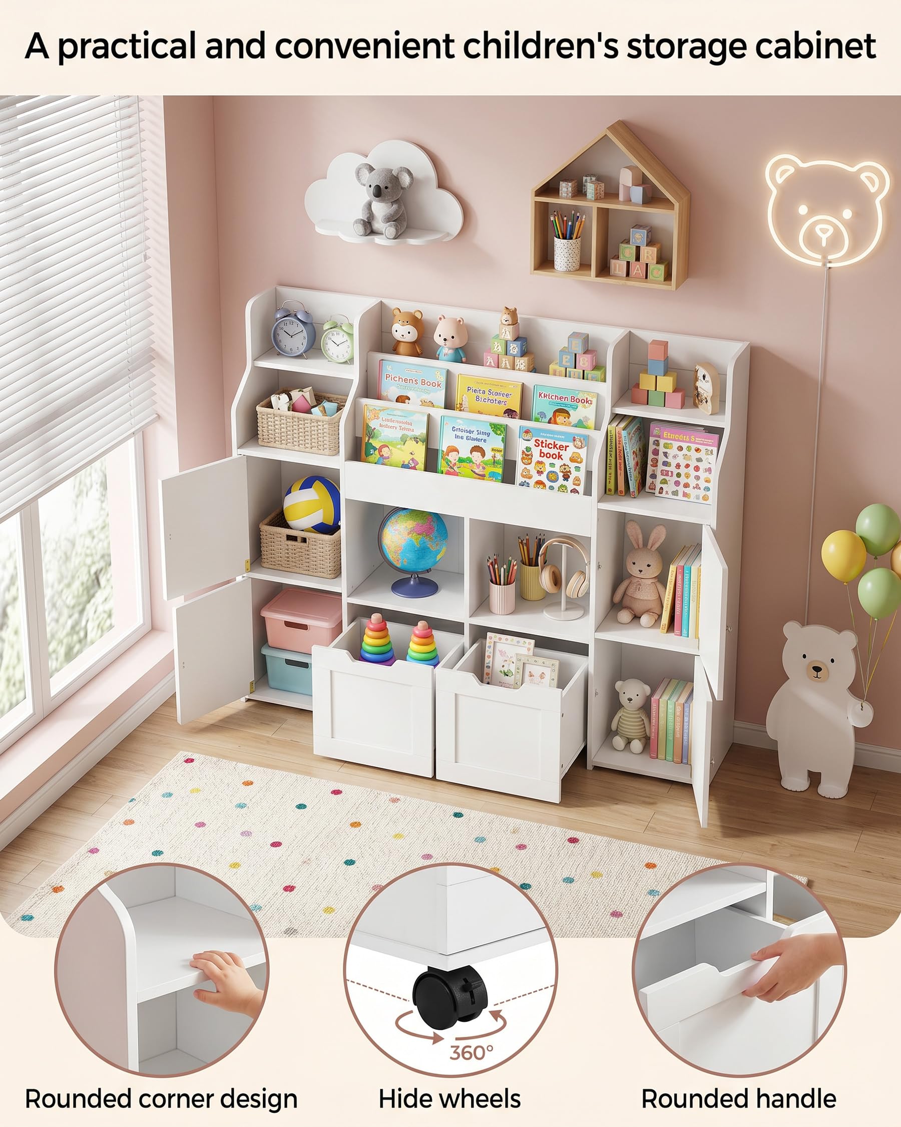 Bibliotheque Enfant avec 2 tiroirs, Blanche Etagere Livre Montessori pour Chambre, Meuble Rangement Jouet sur 8 roulettes, Fixation Murale Stable