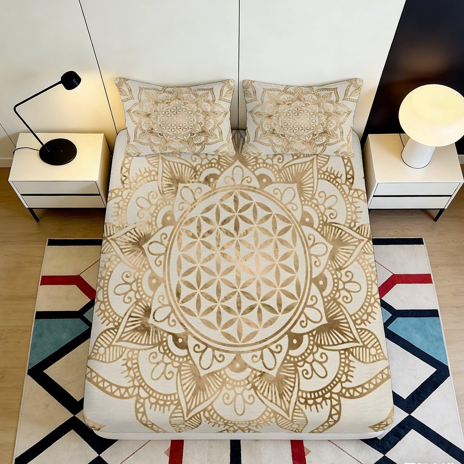 3D Printed Mandala Flower Fitted Sheet Microfiber Non-slip Boho Geometric Mattress Cover for Bedroom Dorm Home Decor 180x200x25cm