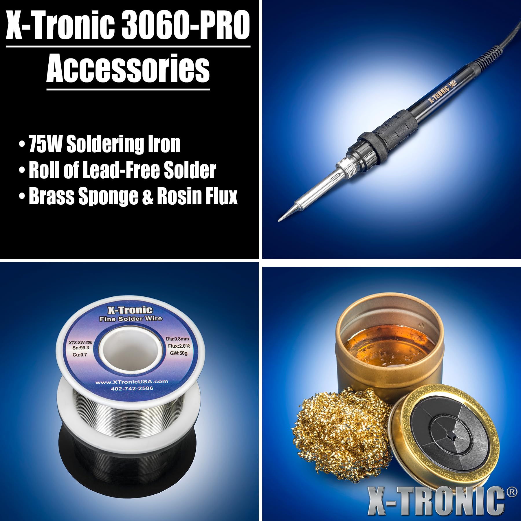X-Tronic 3060-PRO - Estación de soldador de 75 W con mini lámpara Mag y 4 manos de ayuda, 2 pantallas LED digitales, 3 ajustes preestablecidos de temperatura, función de sueño, función C/F, esponja de