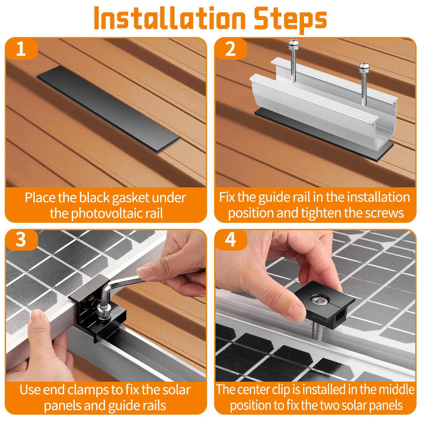Kit Montage Solaire Aluminium Réglable avec 4 Pinces Extrémité, Supports Panneaux Photovoltaïque, Accessoires Rails Courts Argent 12cm, Support Fixation Solaires pour Toit Plat, Tôle Trapézoïdale