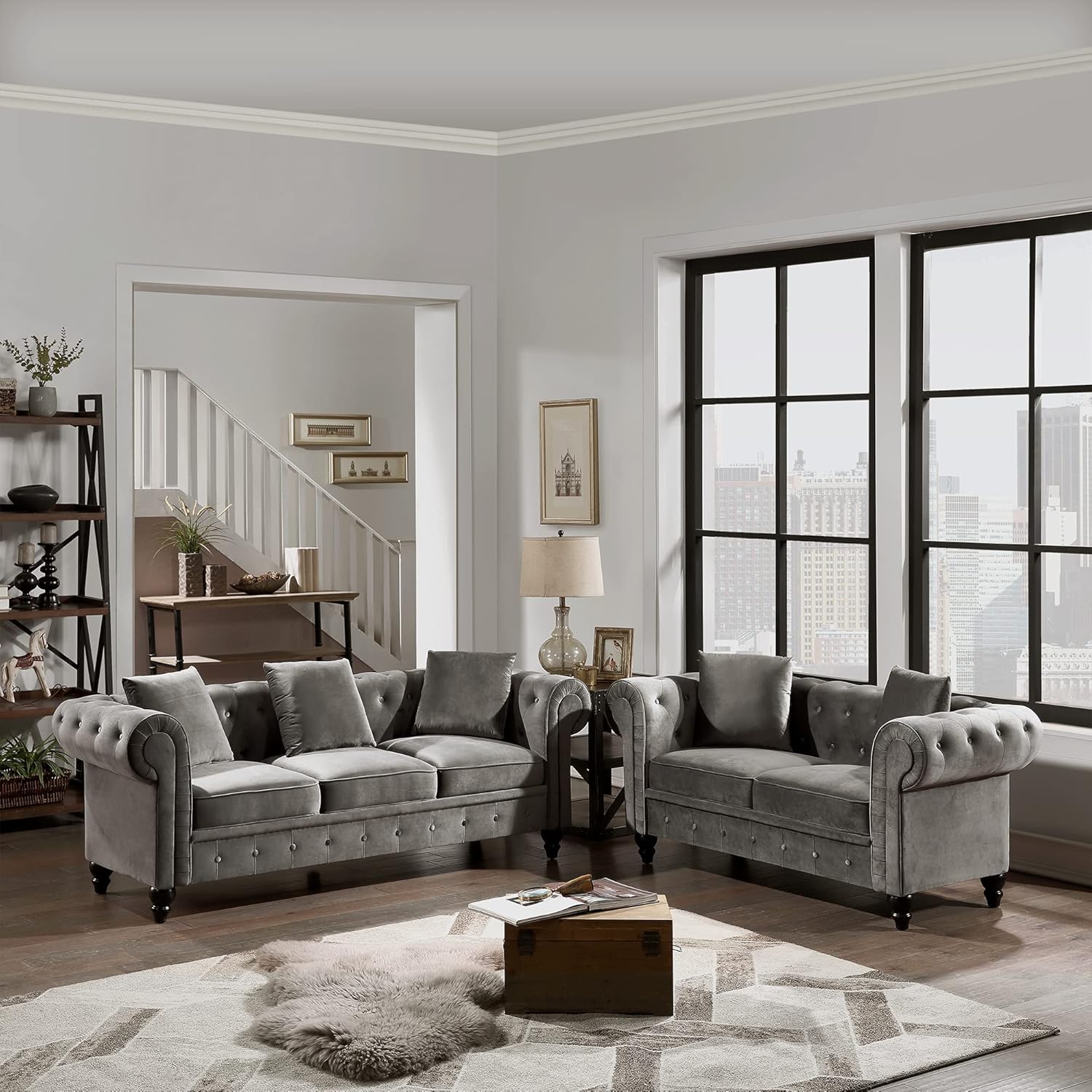 2 Pieces Living Room Sofa Set, Couch Furniture Tufted Velvet Upholstered Sofa Roll Arm Classic Chesterfield Sofa Set with 5 Pillows for Living Room, Office and Small Space (Grey, 2 Seat+3 Seat) : Home & Kitchen