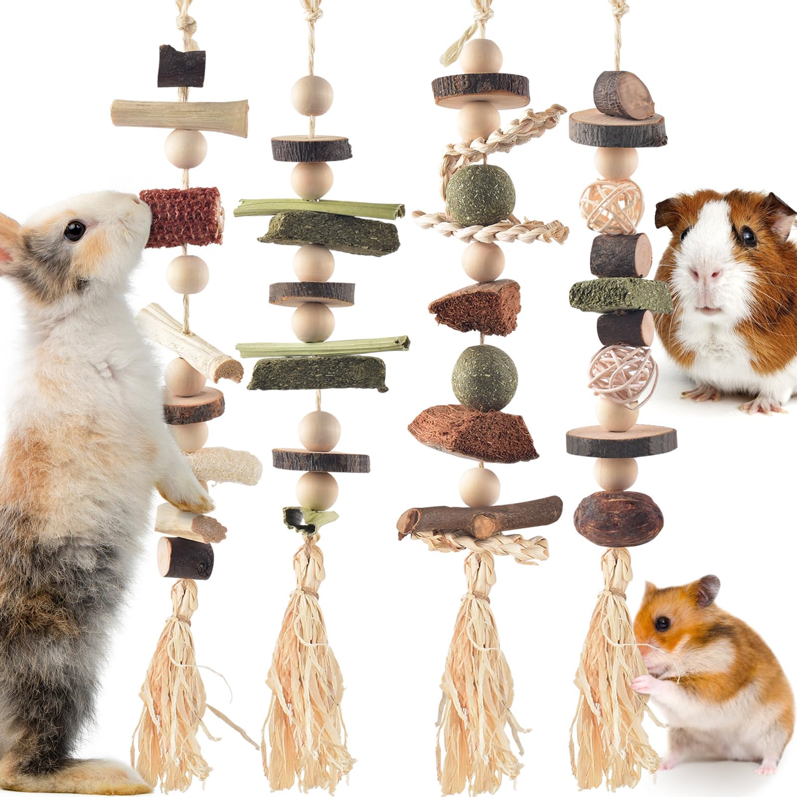 DBNESS 4 Pcs Bunny Chew Toys for Teeth, Hanging Rabbit Chewing Toy Treats with Timothy Grass & Natural Apple Wood, Improve Small Rodent Dental Health