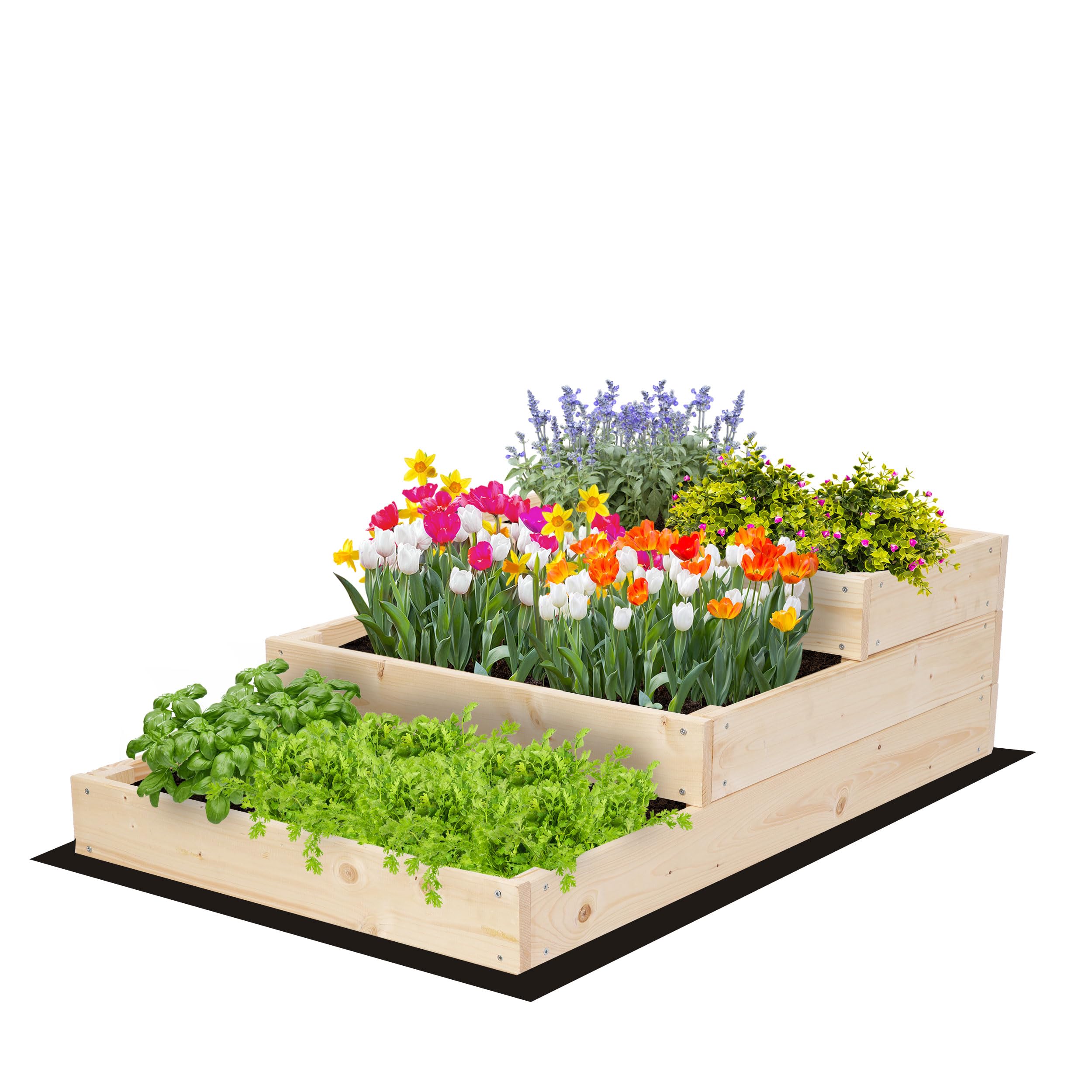 MODO24 Hochbeet Holz, 3-stufiger Pflanzkasten, Blumenkasten, Gemüsebeet, Kräuterbeet, Anzuchtset, Anzuchtkasten, mit Gartenvlies als Unterlage und Schrauben, Abmessungen 27x60x93 cm, Farbe: Natur