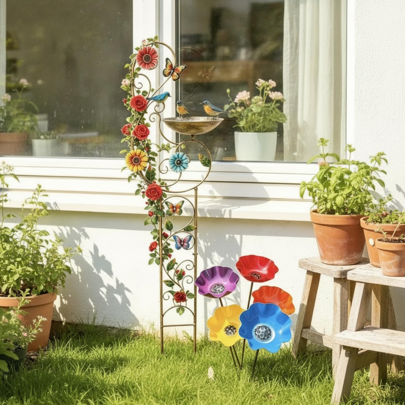 Vogeltränke mit futterspießen rustikal stehende Vogeltränke rostfrei Vogelfutterspender mit ständer für gartenbesitzer, Garten