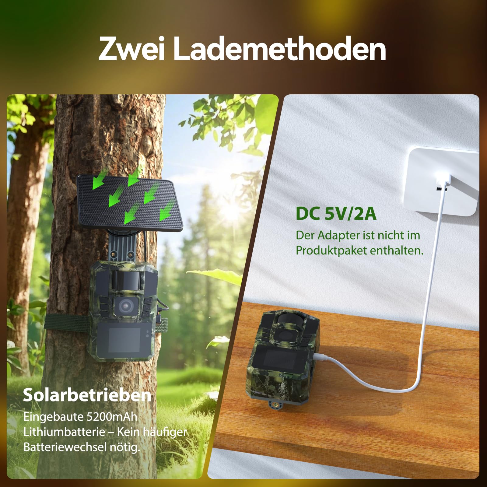 DEATTI WiFi Solaire Camera de Chasse 4K 48MP Caméra de Chasse Connectée au Téléphone Infrarouge Vision Nocturne, Piege Photographique avec 5200 mAh Batterie Rechargeable, IP65 (Carte SD Non Incluse)