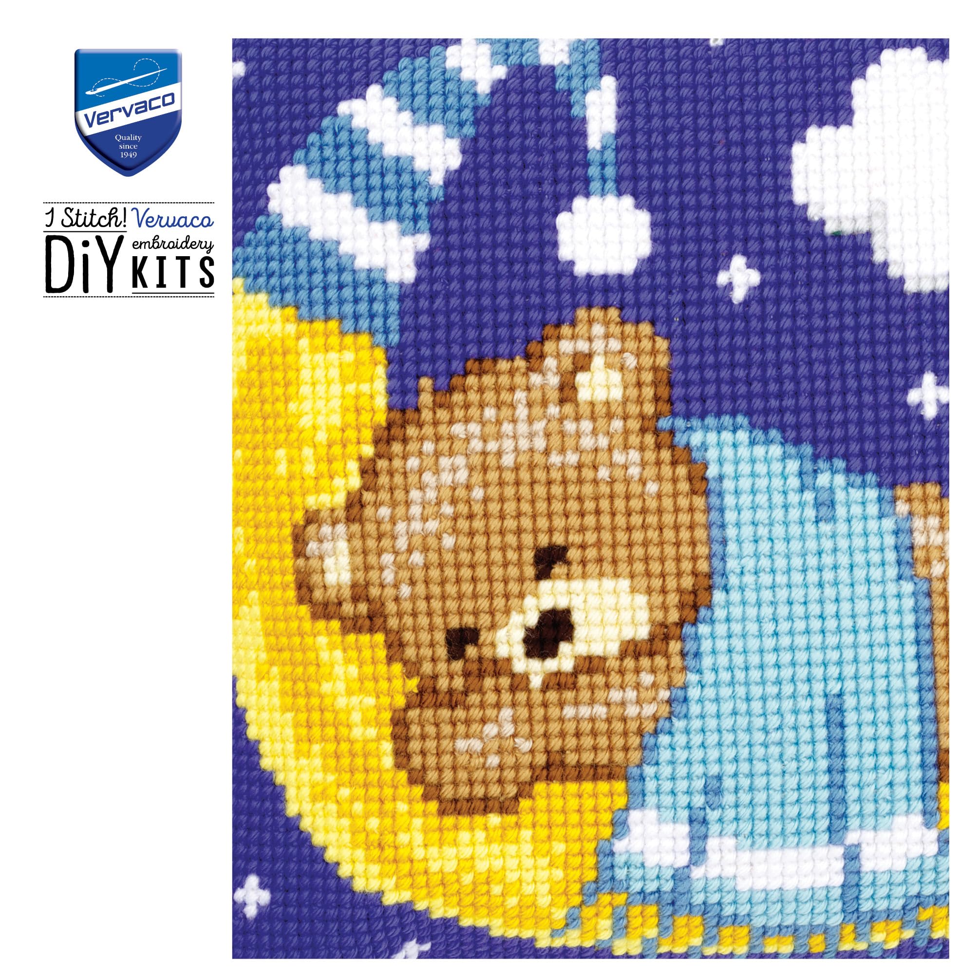 VERVACO Kit Cuscino Punto Croce Orso sulla Luna Blu Set Ricamo Principianti Cuscini Gobelin Decorativi ca. 40 x 40 cm Accessori per Lavoretti Creativi DIY Casa Decor Hobby Adulti Cross Stitch