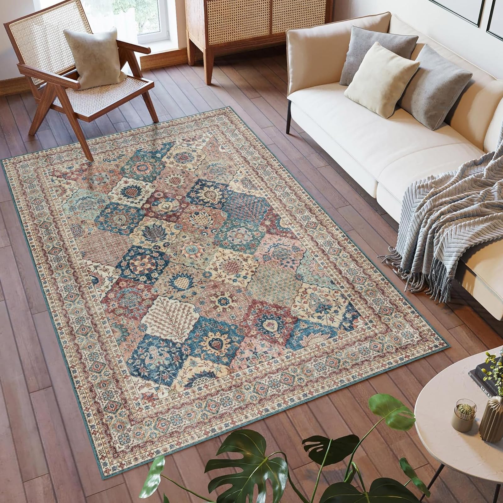 Tapis de salon géométrique floral vintage grand format 200 x 200 cm rouge