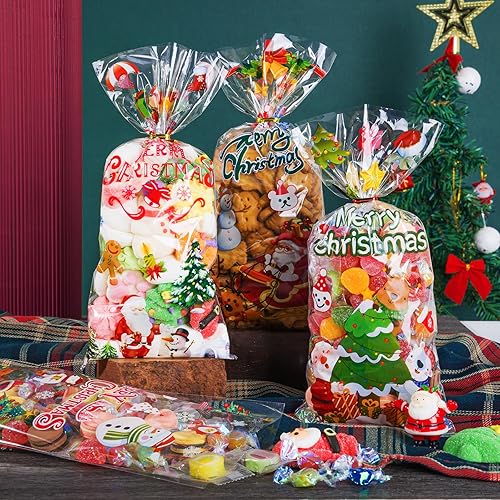 Miniatura 5 de JMANNI 120 bolsas de celofán de Navidad, bolsas transparentes de celofán de Navidad, bolsas de dulces dulces de celofán de Navidad, bolsas de fiesta