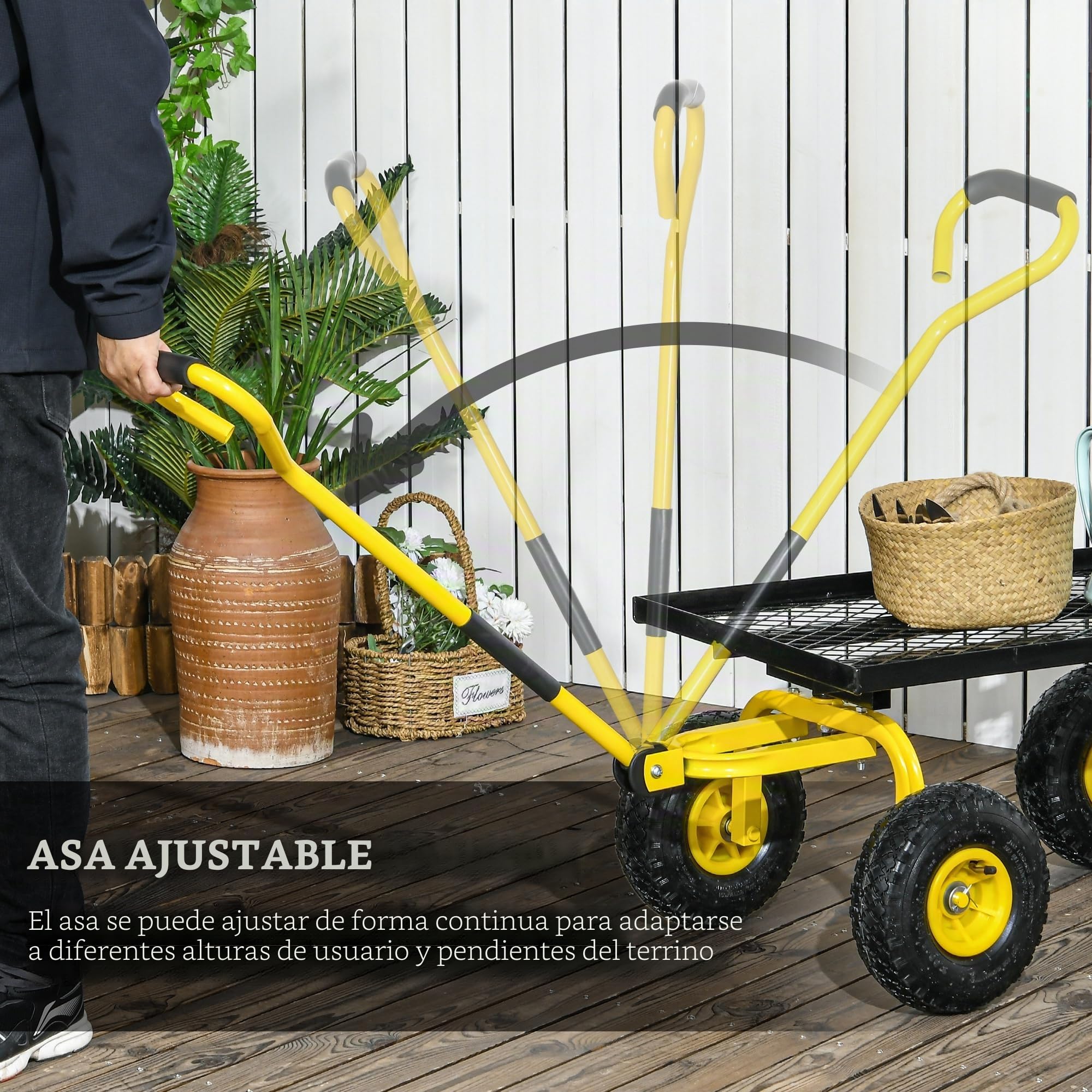 Outsunny Carro de jardín resistente estructura metálica Amarillo | Ruedas neumáticas 10", manija giratoria, capacidad 150kg, para granja