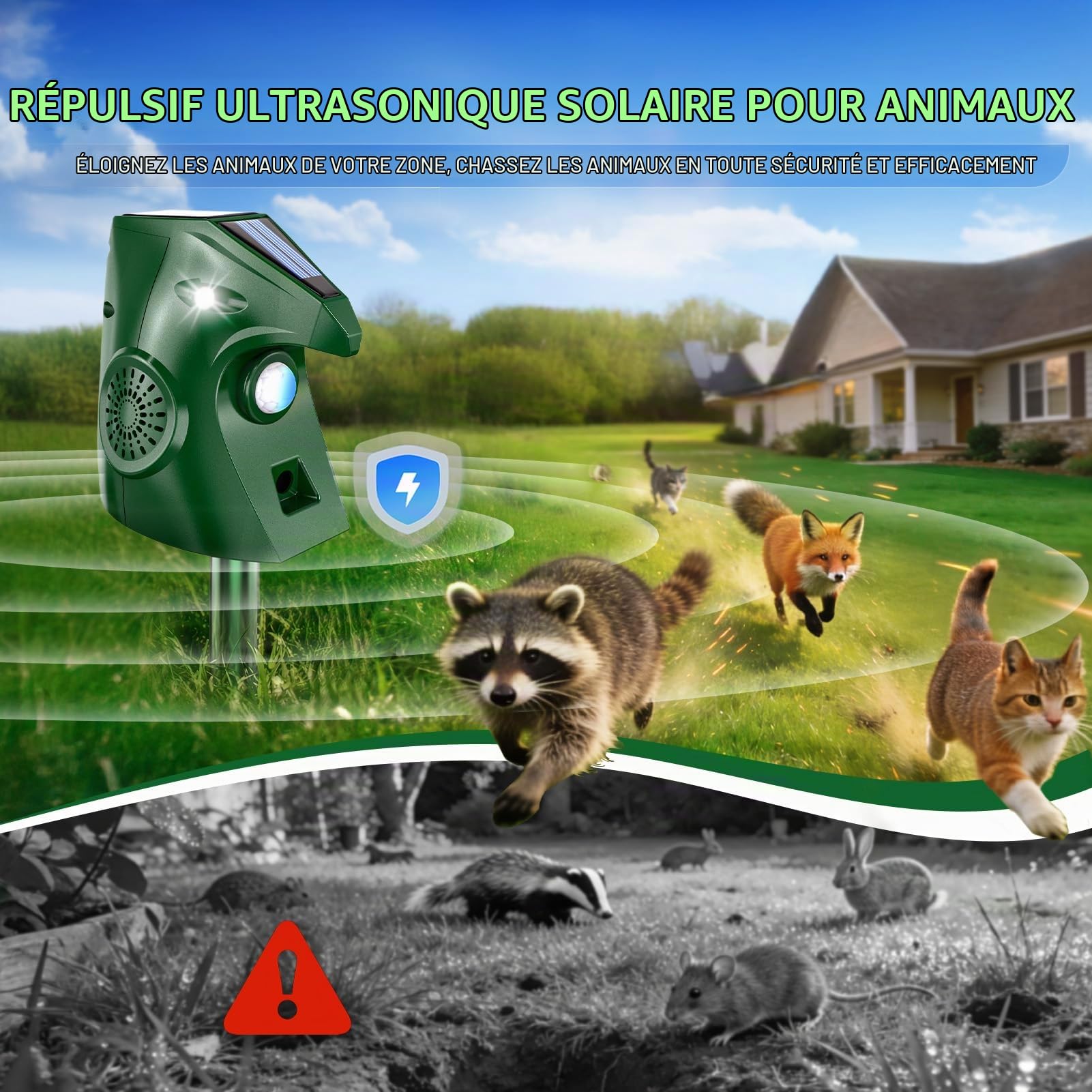 Repulsif Chat Ultrason, 2 Modes Ultrasoniques Repulsif Chat avec Lumière Clignotante, Répulsif Chat Exterieur à Énergie Solaire et Étanche, Chats, Chiens, Oiseau, Mouffette