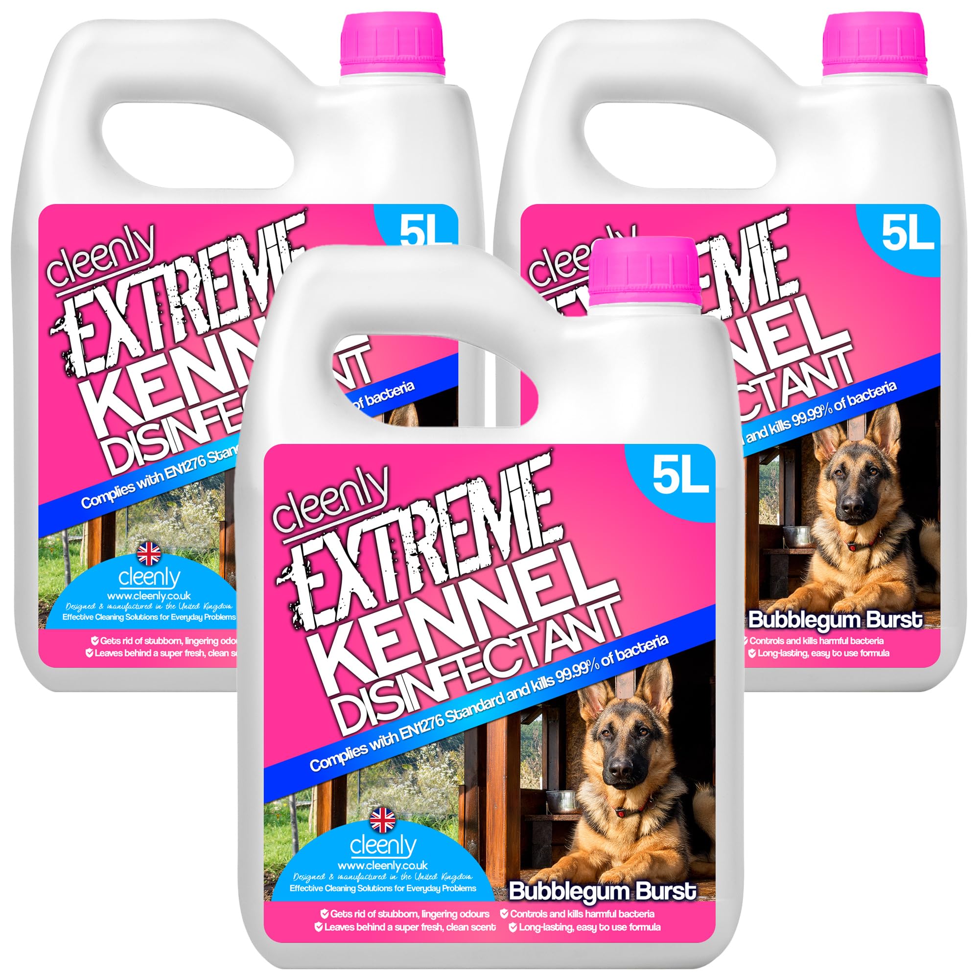 Cleenly Extreme Kennel Cleaner Disinfectant 3 x 5L– 3-in-1 High Strength Pet Cleaner, Kills 99.9% of Bacteria, EN1276 Tested, Odour Eliminator for Kennels, Floors & Pet Areas (Bubblegum)