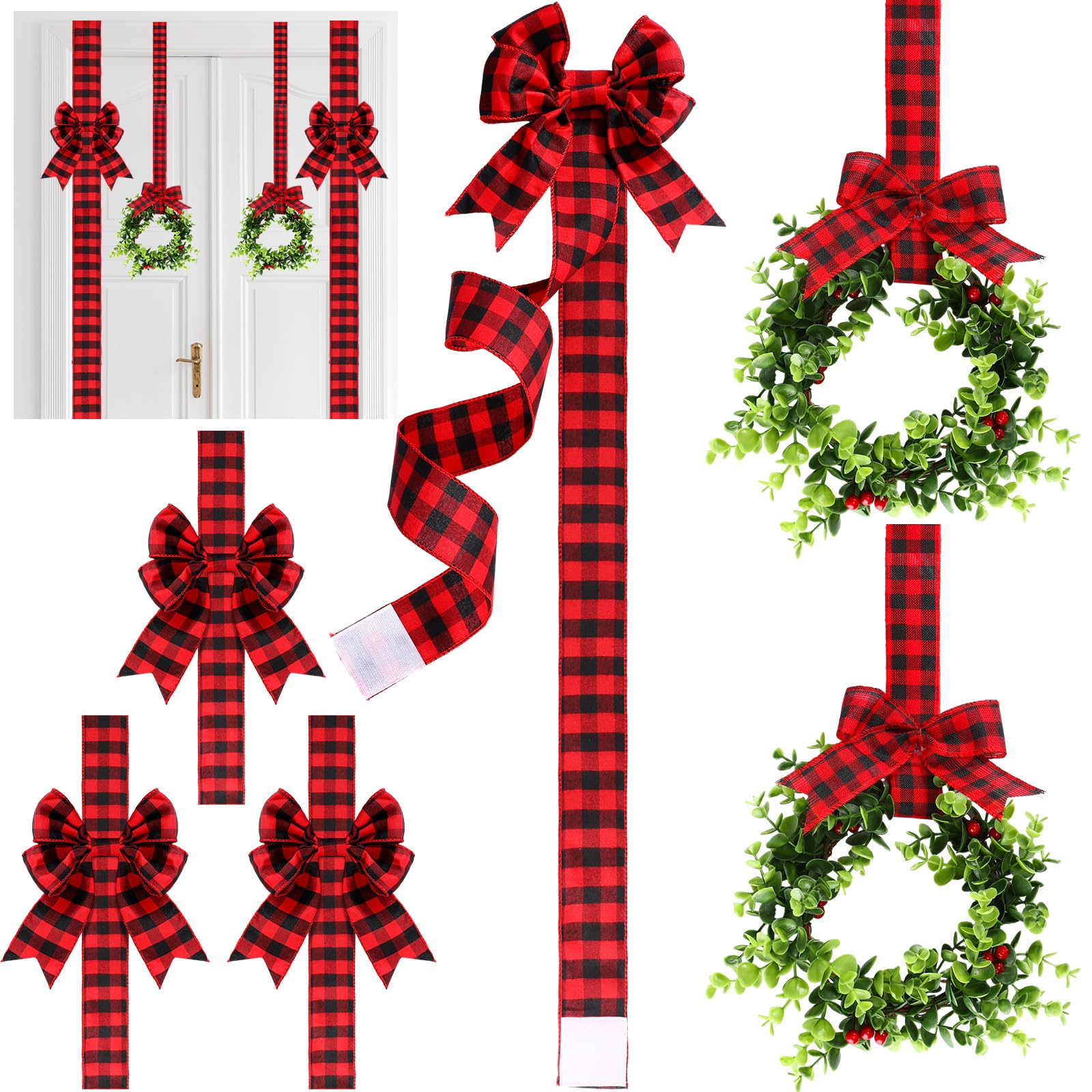 Couronnes de Noël et nœuds pour armoire de cuisine | Déco de fête à carreaux