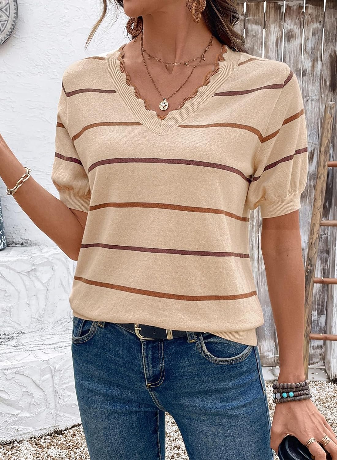 Dokotoo Womens Summer Short Sleeve Knit Tops 2026 Spring Trendy Casual V Neck Striped Sweater Blouses - Image 2