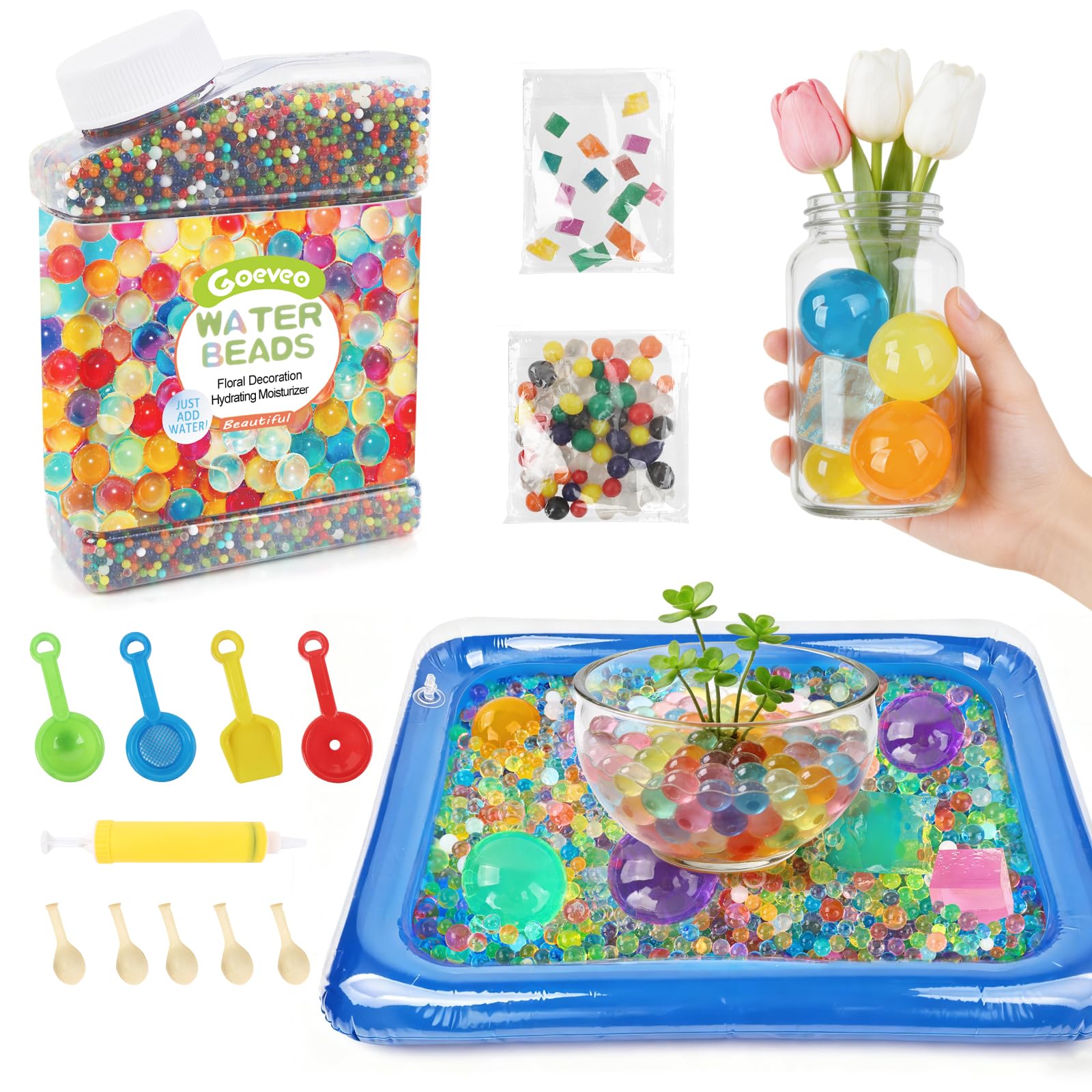 Goeveo Wasserperlen Set 50.000 Stücke & 150 Stücke Wasserperlen XXL Aqua Beads für DIY Pflanzen Deko, Vasenfüllungen, Blumenarrangements und kreative Dekorationsprojekte