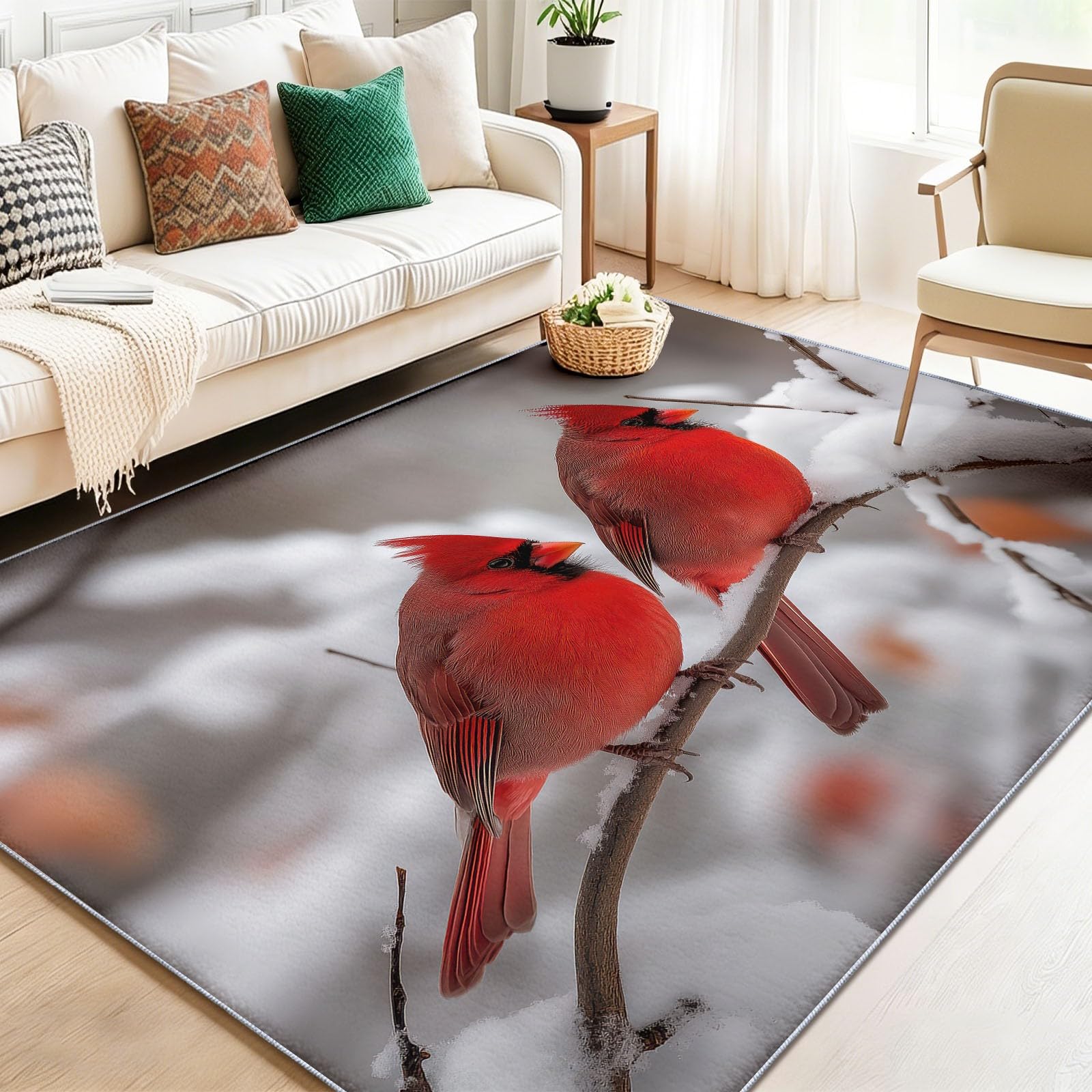 Zmywalna mata, antypoślizgowa, natura śnieg gałęzie ptaków dywan nie gubi sierści, 120 x 170 cm, lekki i odporny na blaknięcie, do przedpokoju, przedpokoju, salonu, czerwony
