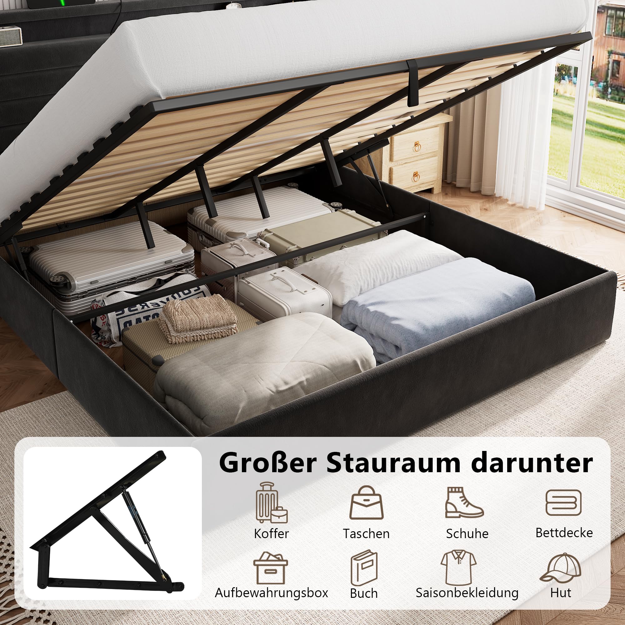 FEONASE Bett 180x200 mit Stauraum, Polsterbett 180x200 cm mit LED-Beleuchtung & Ladestation, Bettgestell mit Hydraulischem und Leinen Kopfteil Stauraum, Lattenrost, Ohne Matratze, Velous Dunkelgrau
