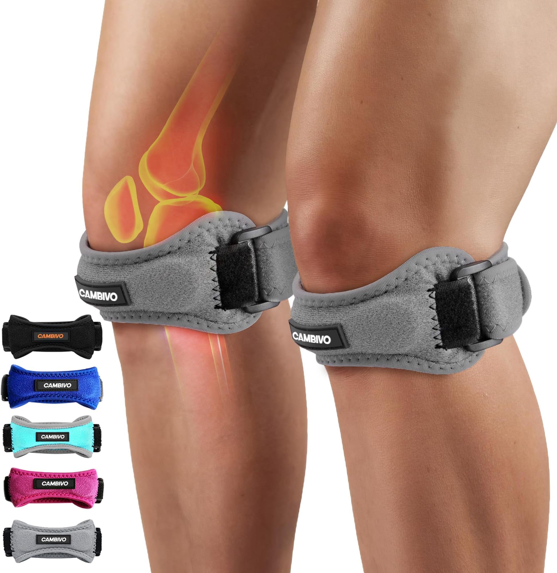 CAMBIVO 2 Pack Knee Braces for Knee Pain, Patella Knee Support Strap, for Tendonitis, Basketball, Running, Hiking, Volleyball, Tennis, Squats (Gray)