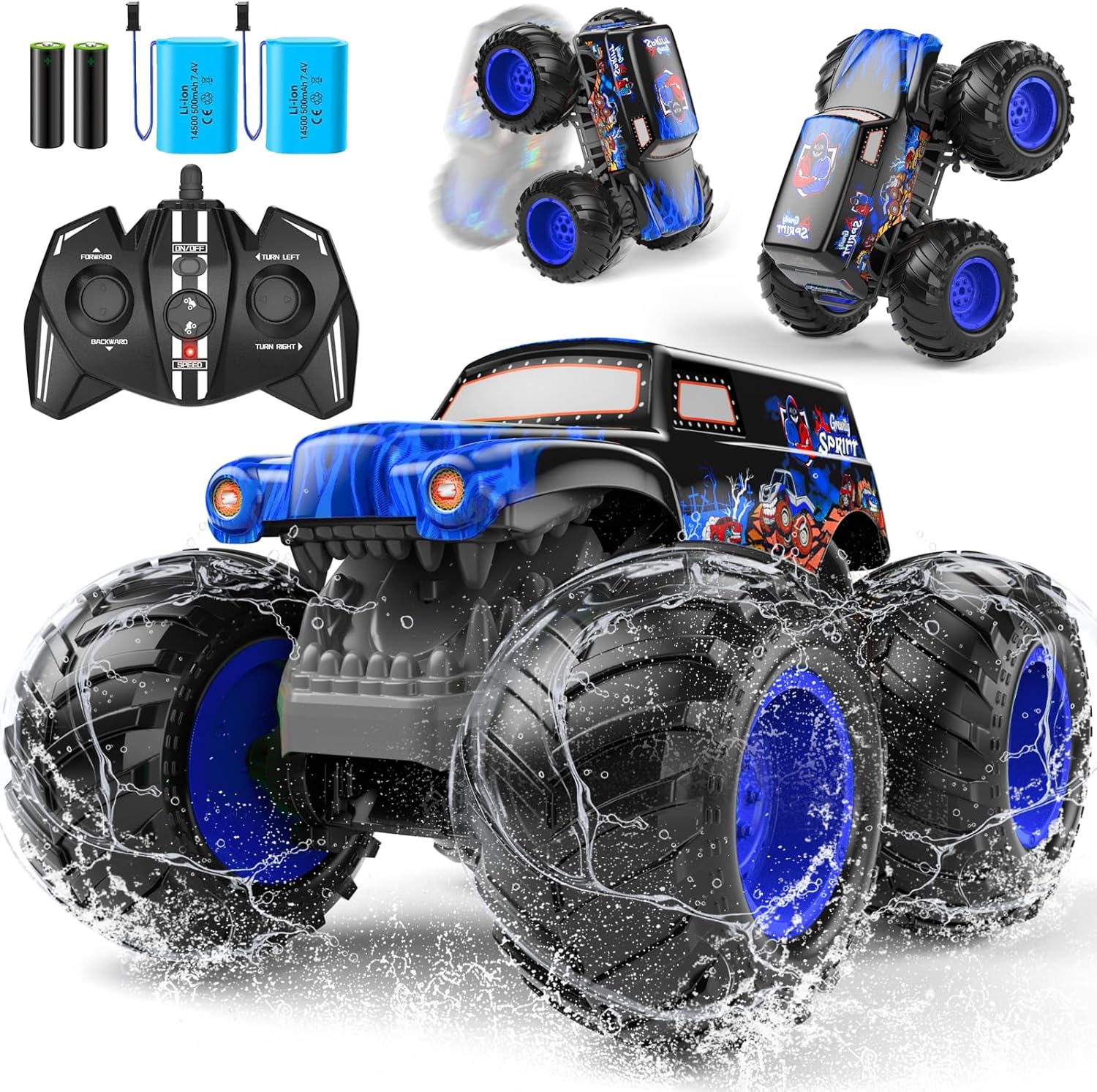 1:14 Waterproof Remote Control Car, Front & Rear Wheelie Monster Truck, Amphibious RC Truck with 2 Sets of Rechargeable Batteries and AAA Batteries, 4WD Off-Road Vehicle for Kids Ages 6-12