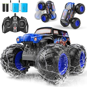 114 Waterproof Remote Control Car, Front & Rear Wheelie Monster Truck, Amphibious RC Truck with 2 Sets of Rechargeable Batteries and AAA Batteries, 4WD Off-Road Vehicle for Kids Ages 6-12