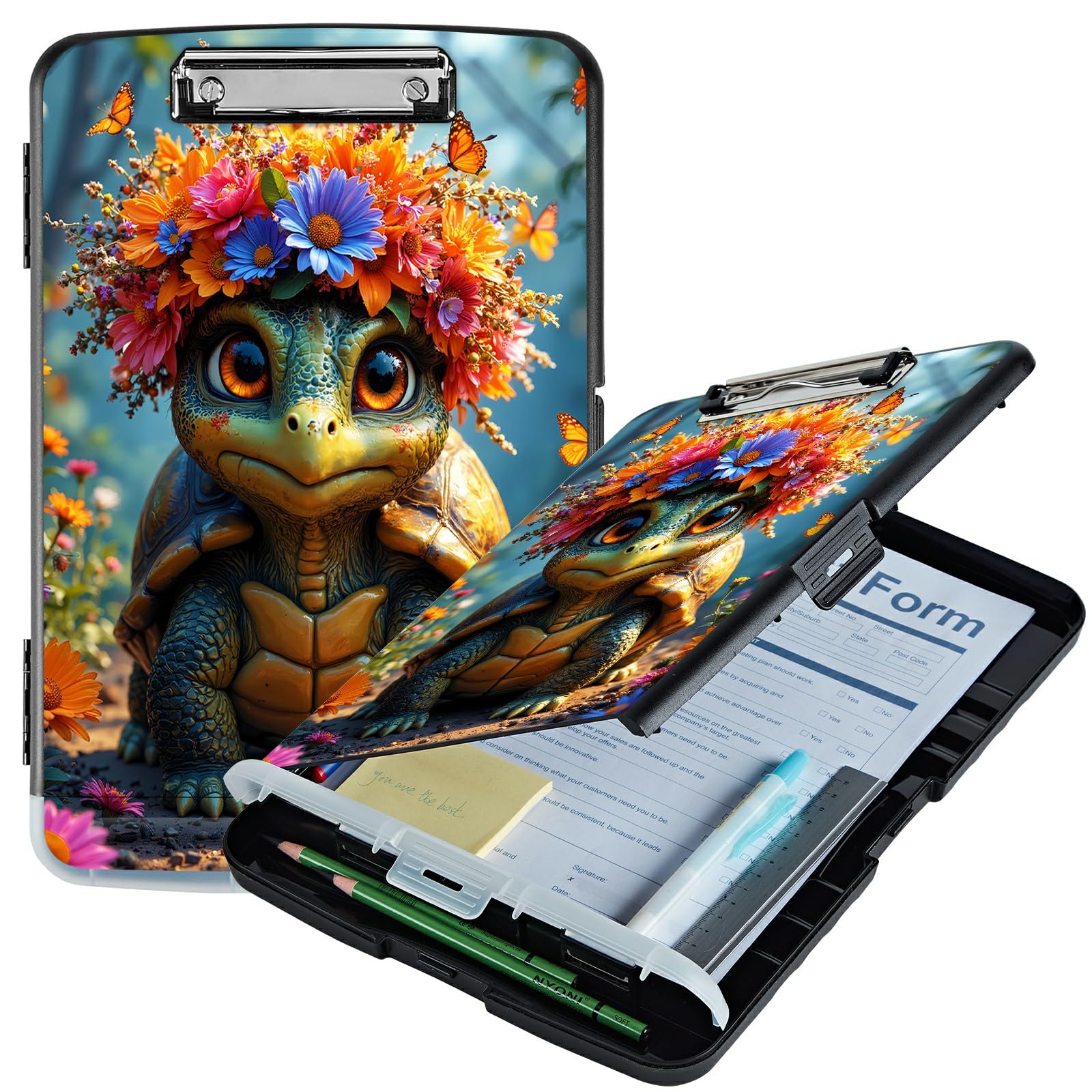 RWUTYTIUL A4 Clipboard with Storage Pen Holder, Clipboards Organizer Nursing Clipboard Foldable File Folder Plastic Clipboard Folio Clip Board for Office Work Classroom Doctor, Forest Turtle