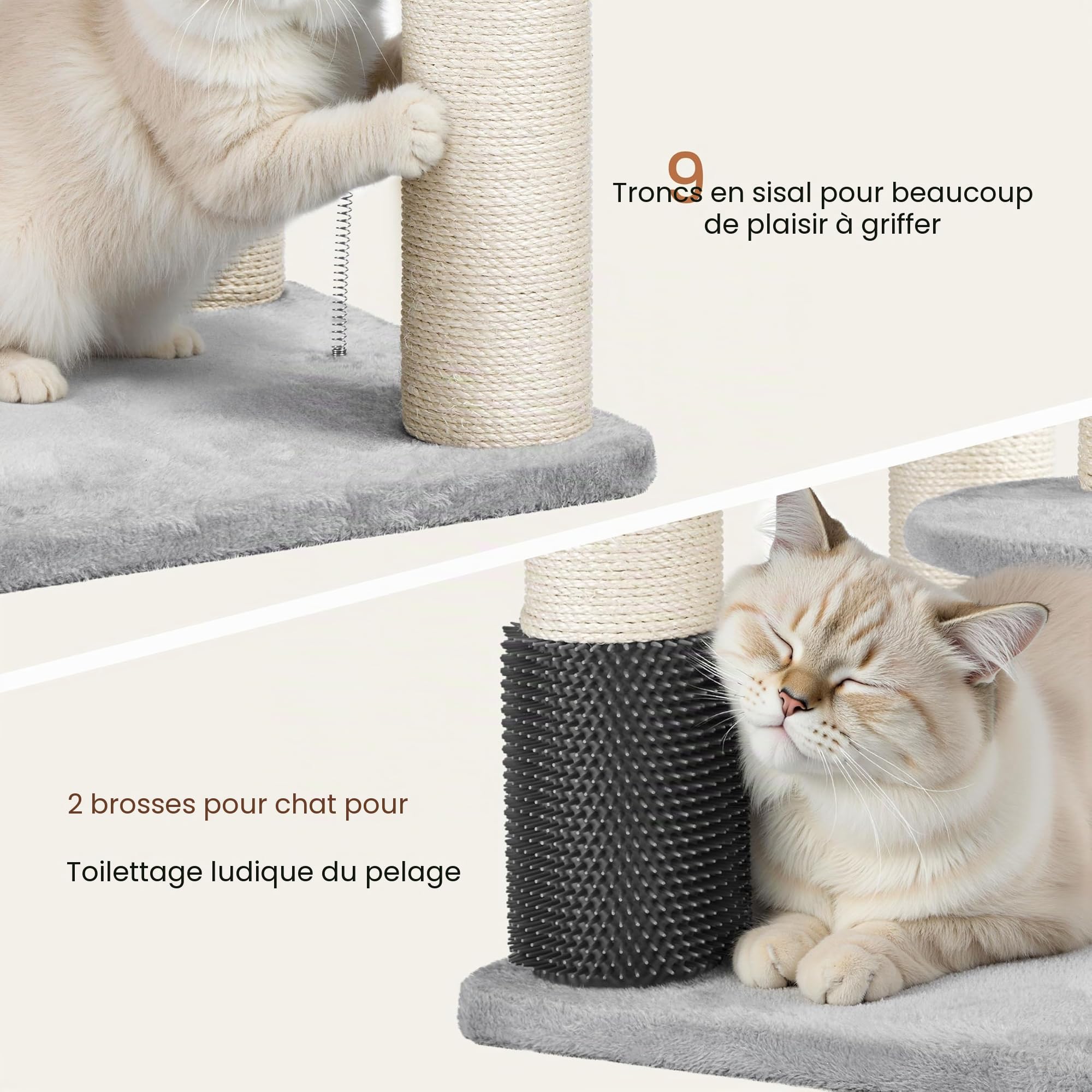 Yaheetech Grand Arbre à Chat avec Griffoirs, Niche, Paniers, Perchoir, Jouets Brosse pour Chat 25 KG, 56×56×160 cm, Poteaux en Sisal 11 cm Ø, Tour de Jeux Solide pour Les Maine Coons Gris Clair/Beige