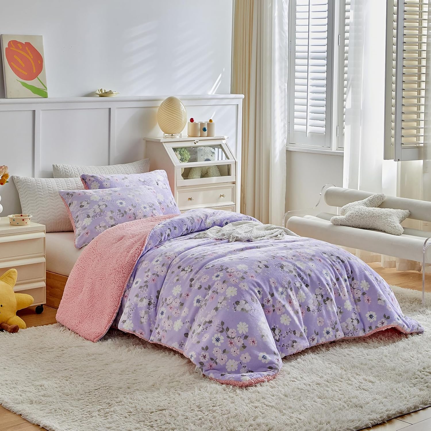 Joyreap 3pcs Flannel Comforter Set for Girls, King Size Fluffy Velvet Sherpa Bedding Comforter Set, Pink n Purple Floral Design, Soft Warm Plush Bedding Set- 100x88 inches