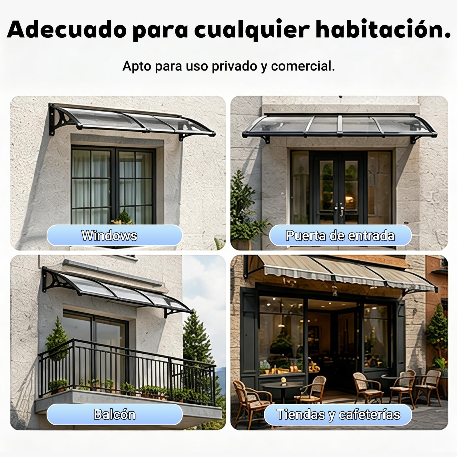 Marquesina para Puerta de Entrada - Marquesina Puerta Exterior, Toldo Exterior de Policarbonato y Aluminio, Protección contra Lluvia, Nieve y Sol, Fácil Instalación