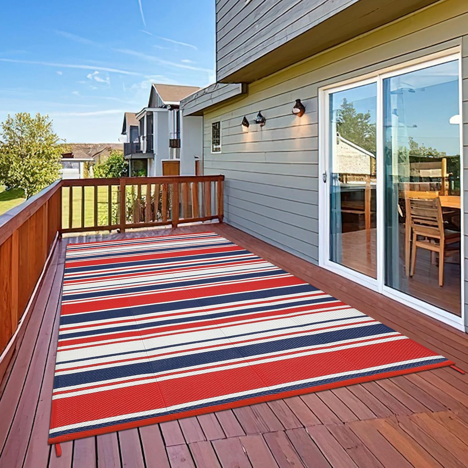 Waterproof Outdoor Rug 8x10 Contemporary Reversible Plastic Straw Rug, Easy Cleaning Striped Patio Carpet, UV-Resistant Indoor Outdoor Floor Cover for RV, Porch, Deck, Backyard, Red Blue White