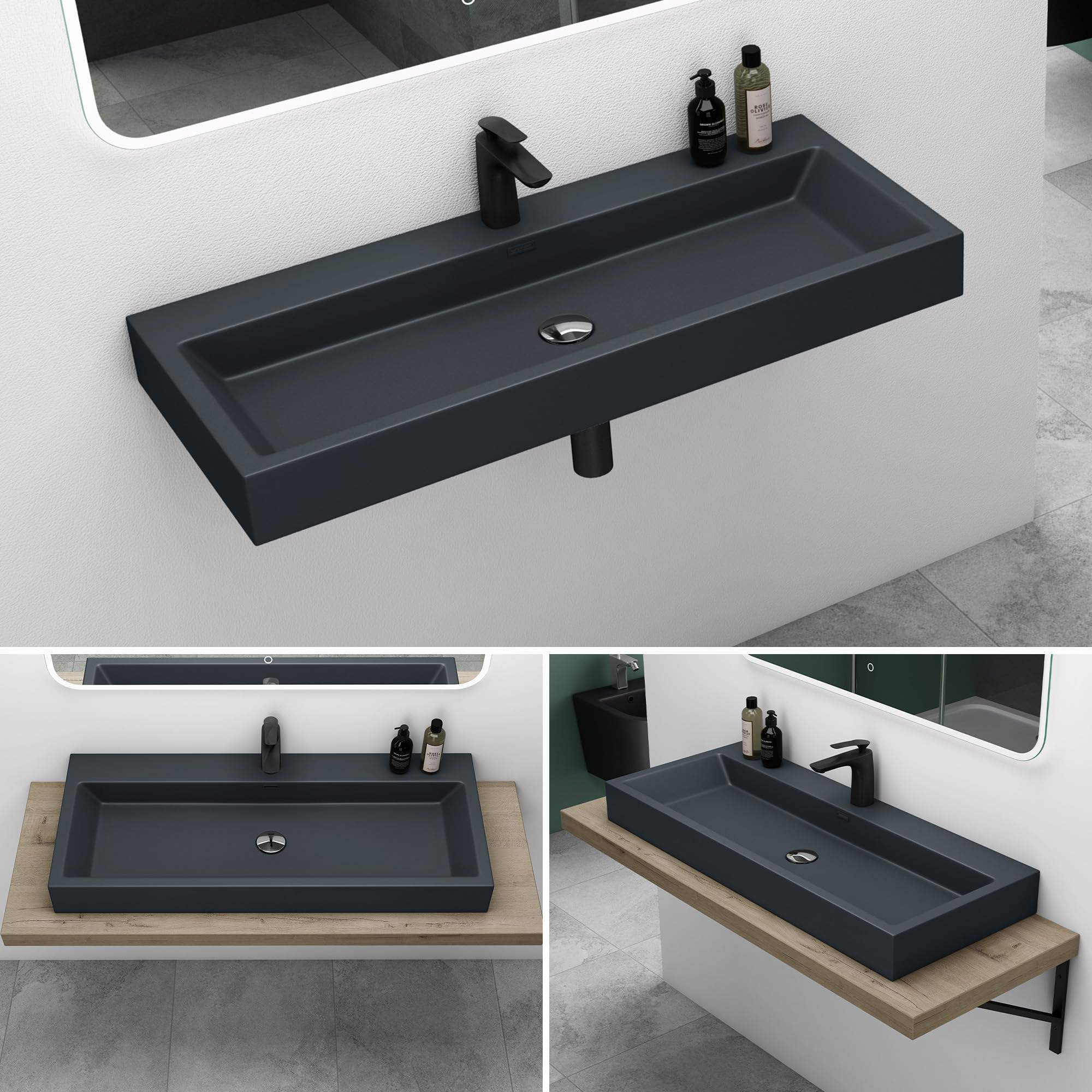Mai & Mai Lavabo de Pared Antracita Mate con Rebosadero col06 Lavabo sobre Encimera Rectangular de Fundición Mineral con 1 Orificio para Grifo 76.5x42x10cm