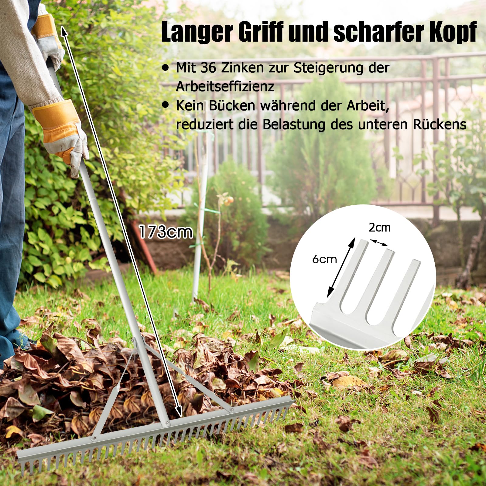 GOPLUS Grabie Ogrodowe o Szerokości Roboczej 92 cm, 36 Zębów i Trzonku 170 cm, Łatwe Łamanie Liści z Aluminium, Do Trawy, Poziomujące, Narzędzie Ogrodowe Do Liści i Trawnika