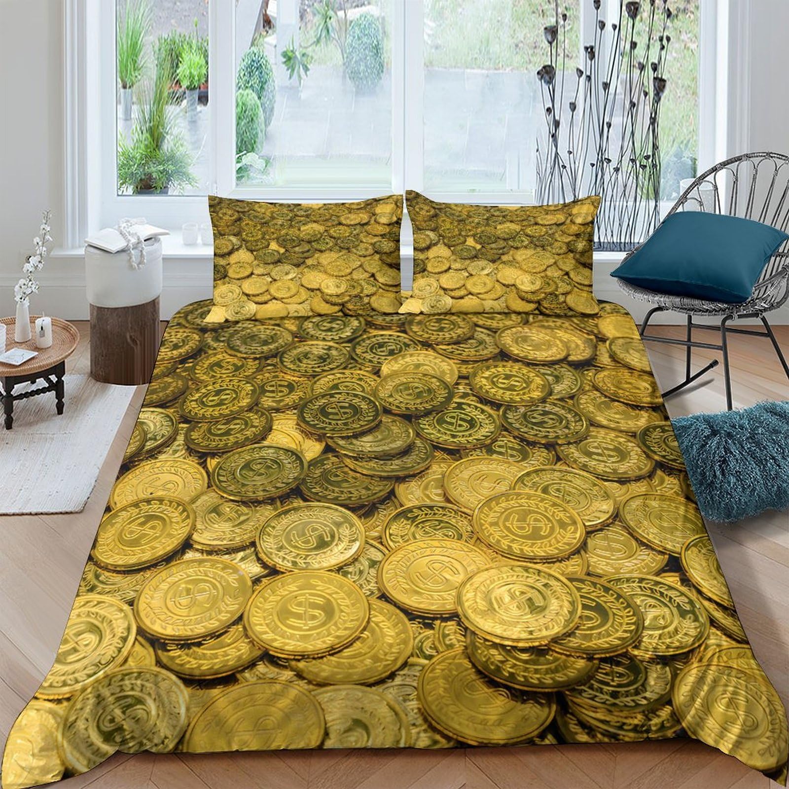 GPLZQXKJNH 3D Printed Gold Coin Duvet Cover Microfiber Soft Breathable Treasure Bedding Set with 2 Pillowcases for Bedroom Decor Single（135x200cm）