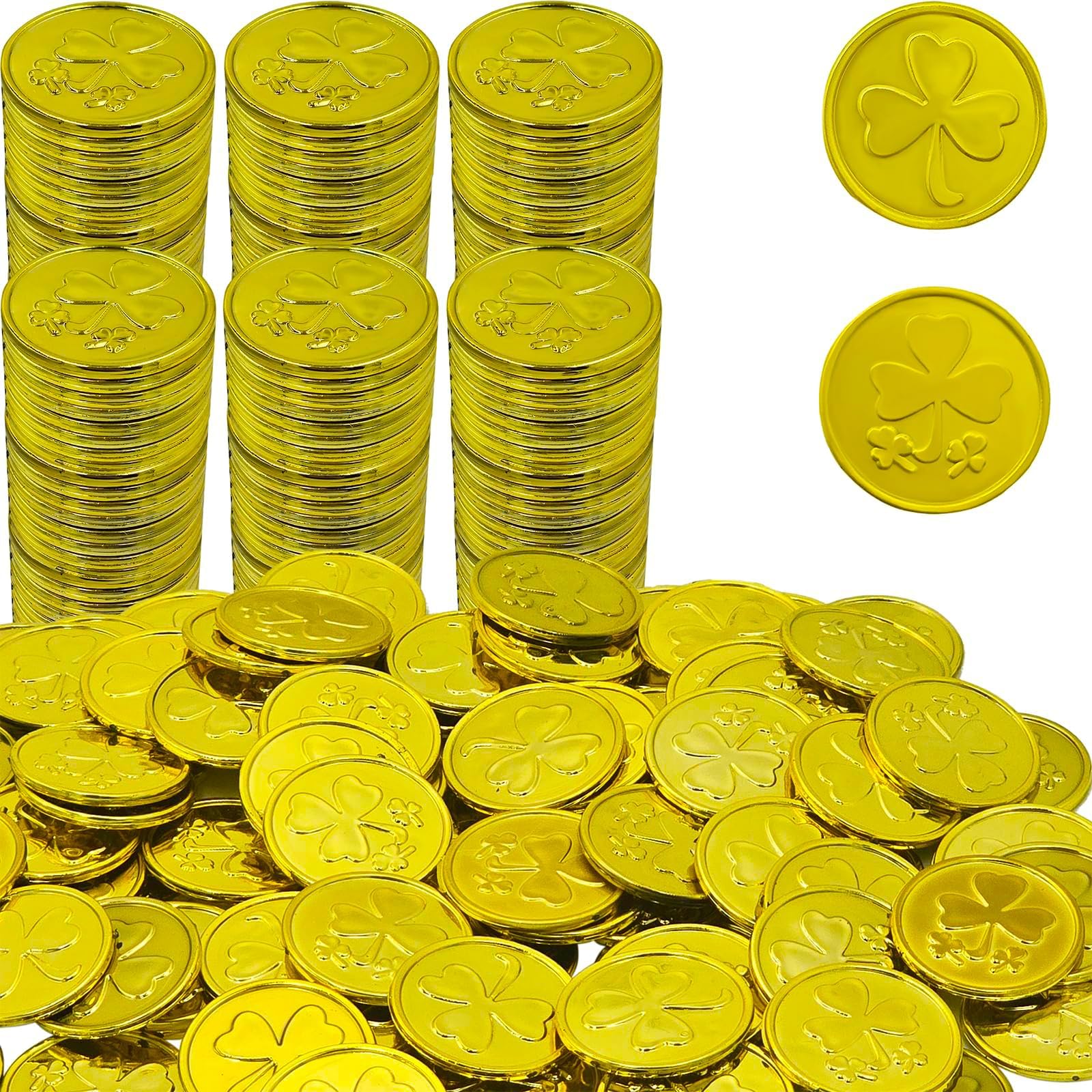 St. Patrick's Gold Plastic Shamrock Coins, 50 Pack 3-Leaf Clover Coin for Party Decoration Favors, Leprechaun, Pirate, Educational & Classroom