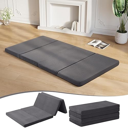 MeMoreCool Folding Twin Futon Mattress, Foldable Japanese Floor Mattress, Sleeping Mat Pad for Adults Guests Sleepovers, 3 in Thick Foam Tatami Mat Portable Shikibuton, Dark Grey