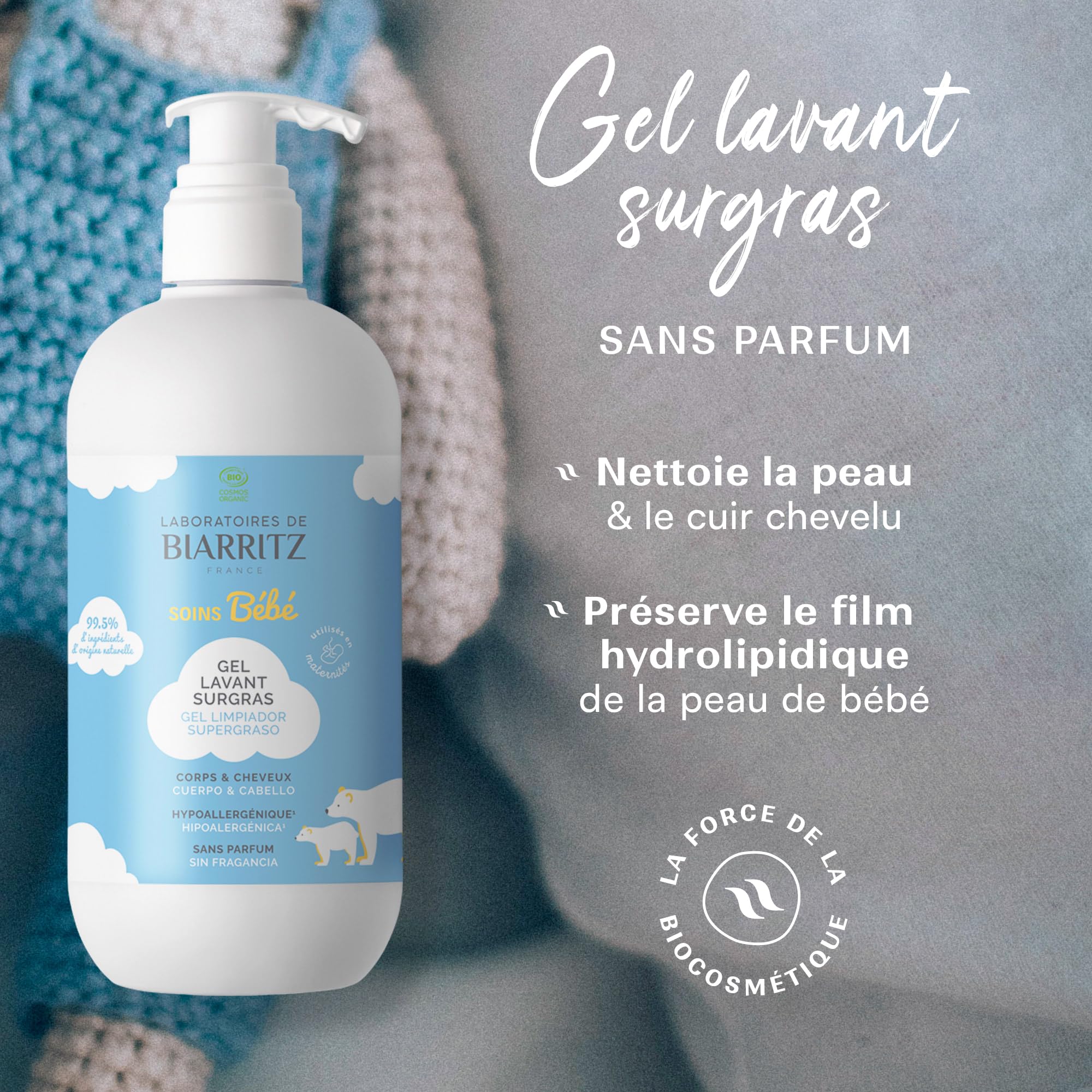 Laboratoires de Biarritz Gel Lavant Surgras Bébé Sans Parfum pH Neutre Certifié Bio 500 ml Fabriqué en France