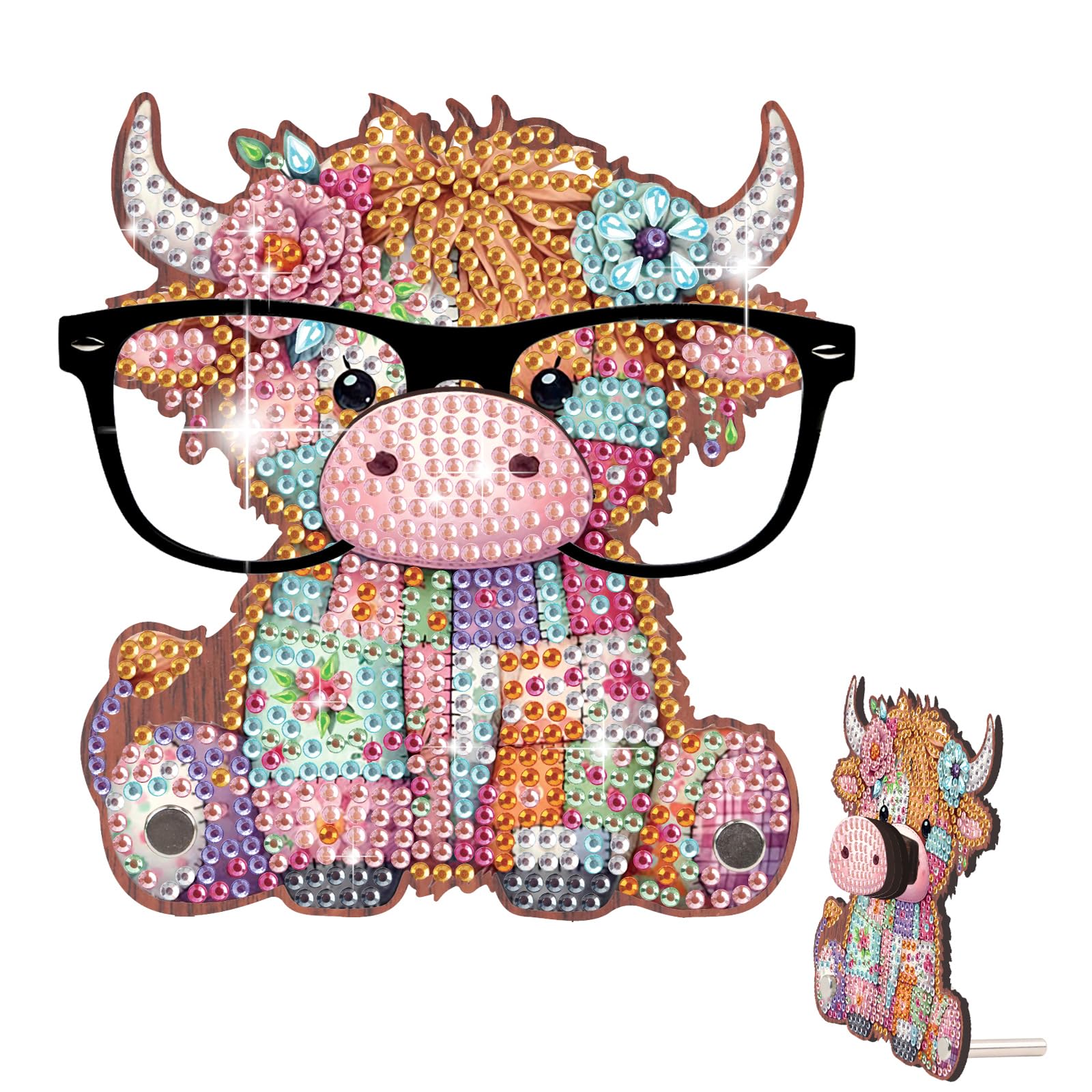 DIY Special Shaped Diamond Art Glasses Holder, Wooden 5D Rhinestone Eyeglass Stand for Adults, Diamond Art Tabletop Ornament, Handmade Desk Organizer & Decor Craft Gift(Cow)