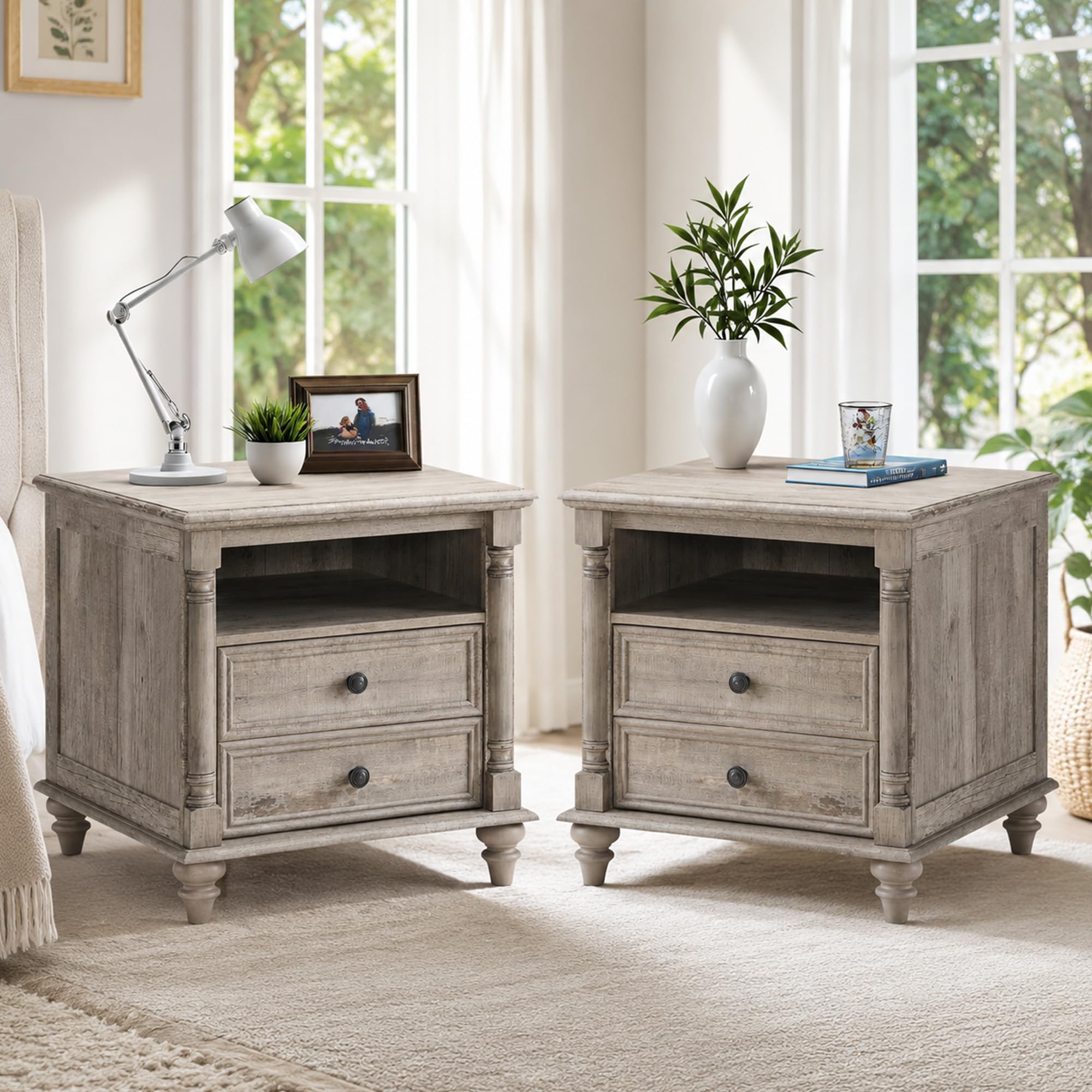 T4TREAM 24" Farmhouse Nightstands with 2 Drawers Set of 2, Light Rustic Oak