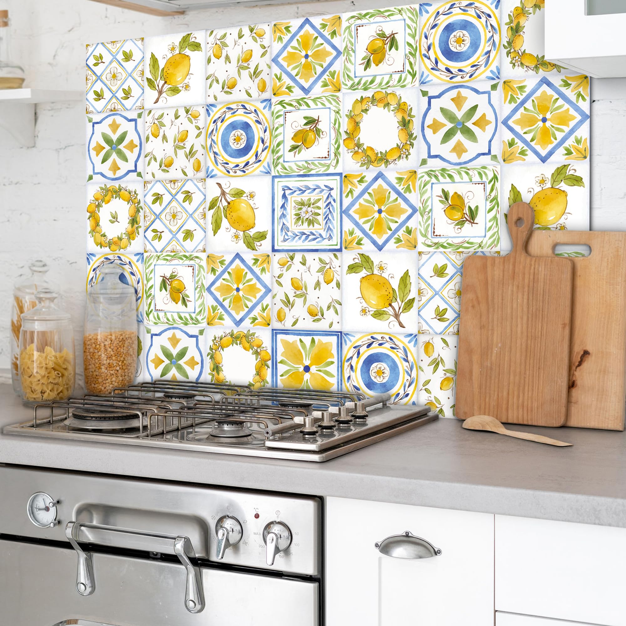 CREARREDA Pannello Paraschizzi Cucina in Alluminio Lemon 84x60cm facile da applicare Made in Italy Protezione per fornelli e muro. Lavabile e facile da montare. Lastra paraschizzi in metallo