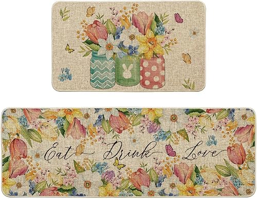 Artoid Mode Juego de 2 tapetes de cocina con diseño de flores, florero, mariposa, primavera, decoración del hogar, hojas de bajo perfil, para piso,