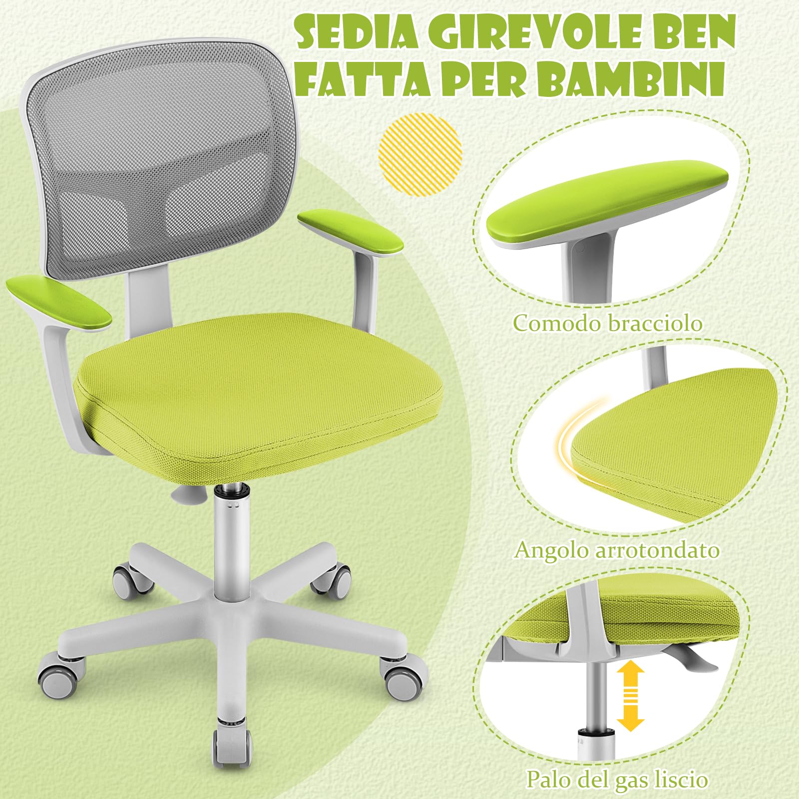 RELAX4LIFE Silla Escritorio Infantil con Altura Ajustable 40-54cm y 5 Ruedas Universales, Silla Escritorio Giratoria con Respaldo y Reposabrazos Ergonómicos para Niños 3-10 Años, Carga 150kg (Verde)