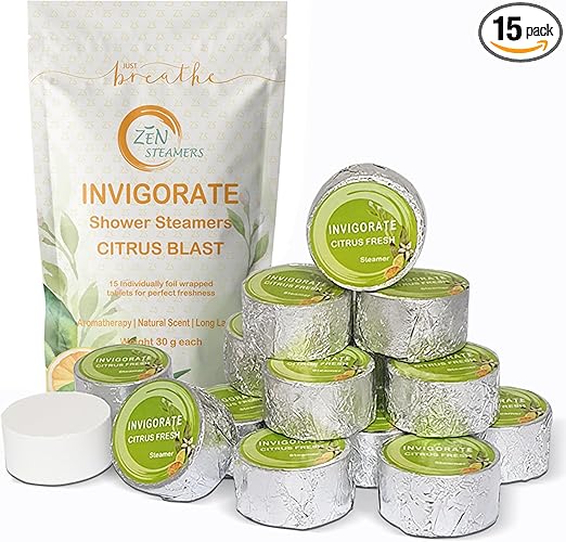 Citrus Blast Shower Steamers by Zen - Invigorate Aromatherapy (Pack of 15) Extra Large Shower Bombs with Essential Oils Self Care Relaxation Stress Relief