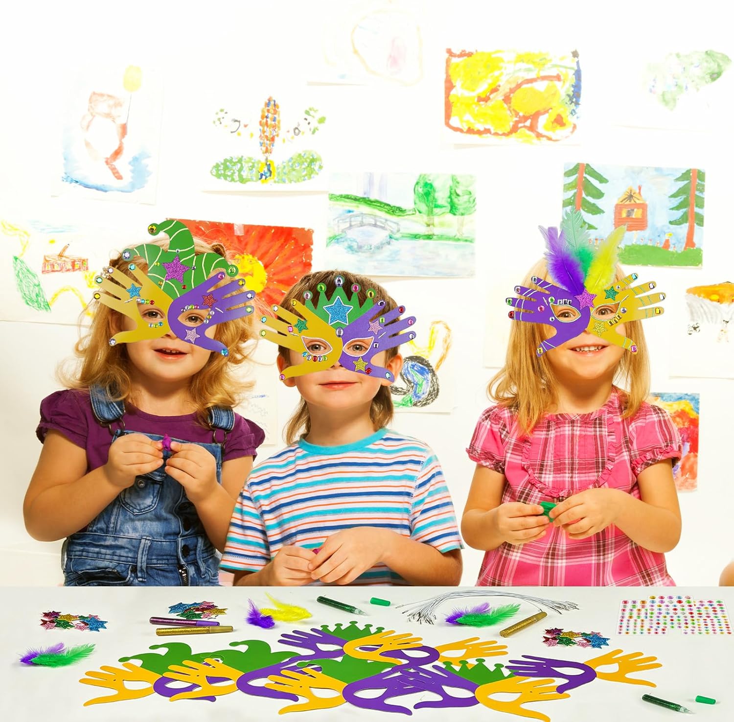 Cinrobiye 30 Set Mardi Gras Mask Craft Make Your Own Carnival Paper Mask Kit DIY Masquerade Party Mask with Diamond Sticker Pompom Holiday Party Favor Art Project Family Classroom Activities (Cute) - Image 6