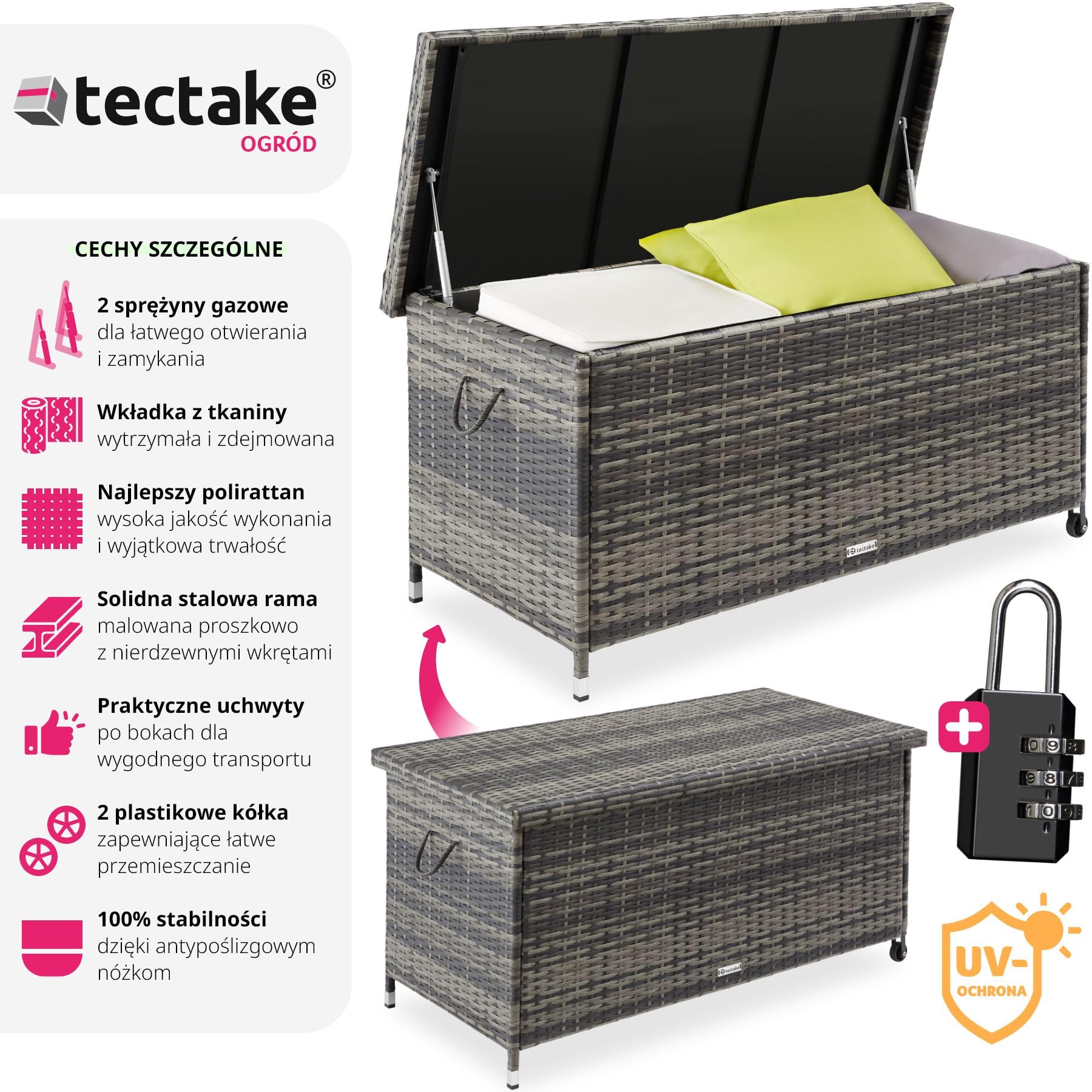 tectake® Uniwersalna Skrzynia Ogrodowa, Duża Pojemność 297l, 117x54x64cm, Trwała Plecionka z Polirattanu, Wytrzymała Rama z Aluminium, Wzmocniona Pokrywa z Systemem Sprężyny Gazowej (Szary)