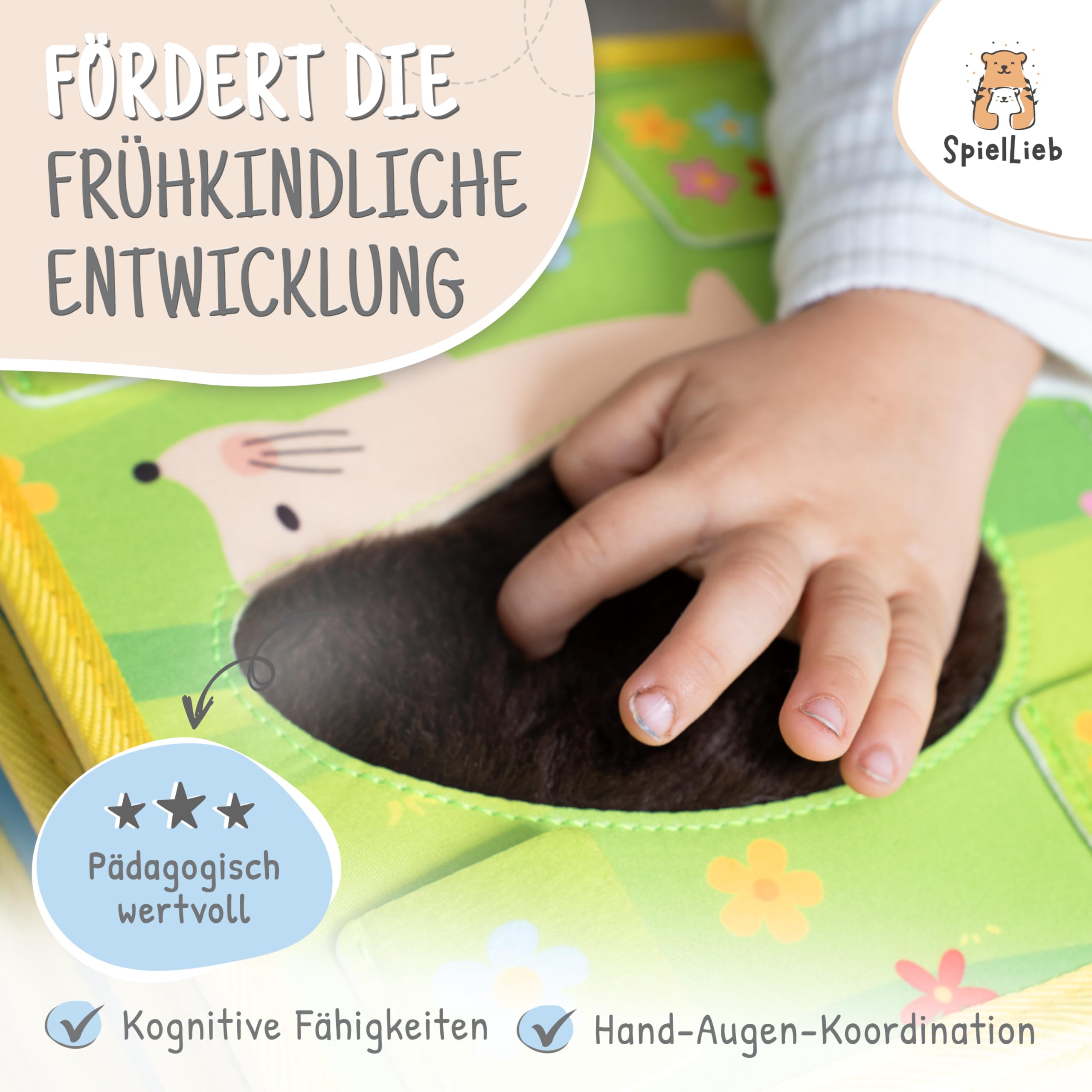SpielLieb® Montessori Quiet Book ab 1 Jahr - interaktives Busy Board ab 1 Jahr mit Tieren - Quiet Book & Motorikspielzeug, ideale Beschäftigung für Autofahrten - Geschenk Junge & Mädchen (Gelb)