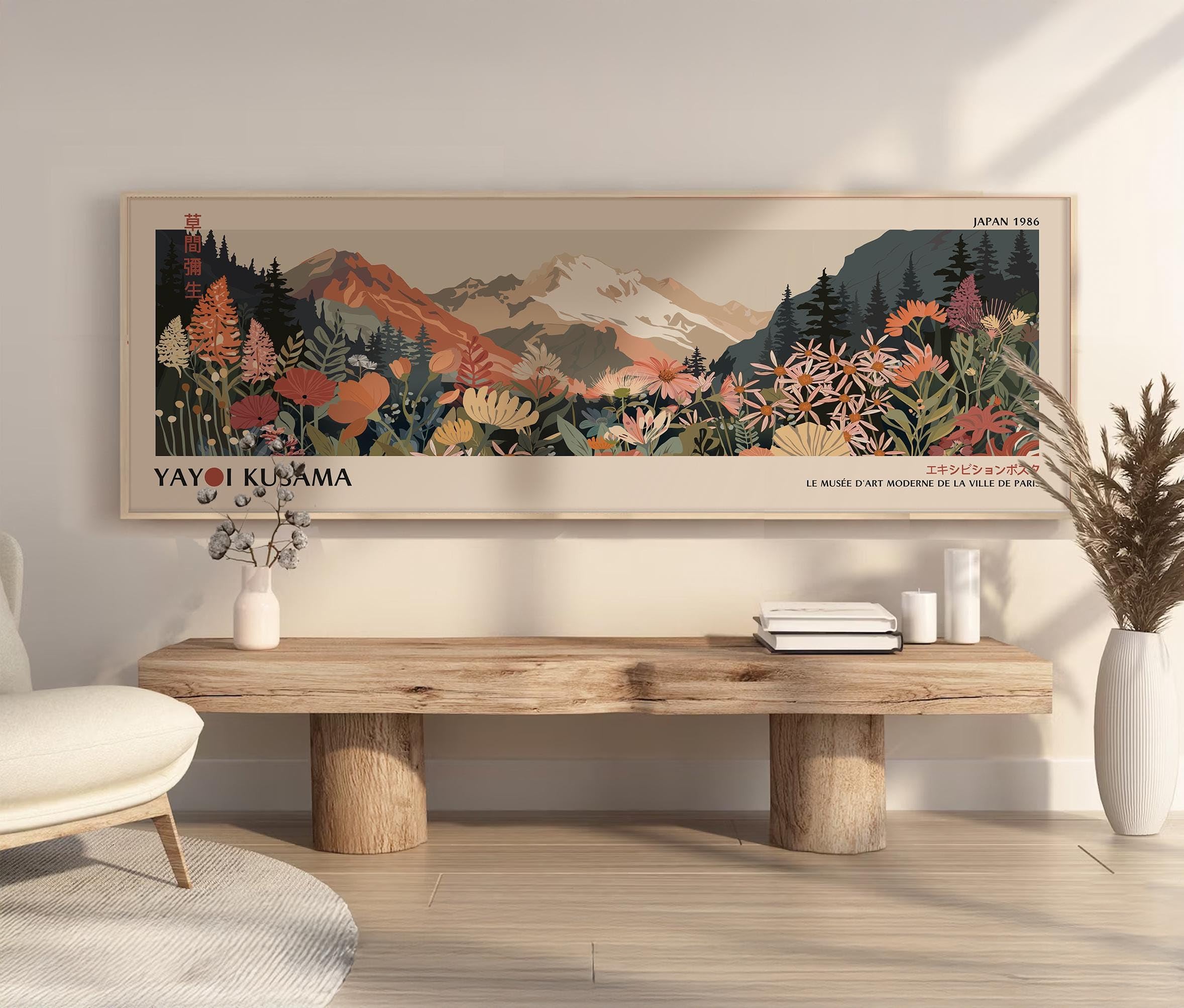 YUSUZHU Affiche de Yayoi Kusama sur les montagnes des Fidji : paysage zen japonais de style Japandi, grande toile murale (45 x 135 cm/cadre intérieur)
