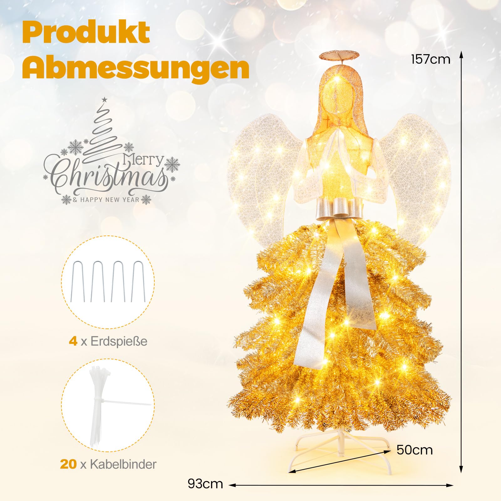 COSTWAY Figura świąteczna podświetlana 150 cm, anioł z ciepłymi białymi światłami LED