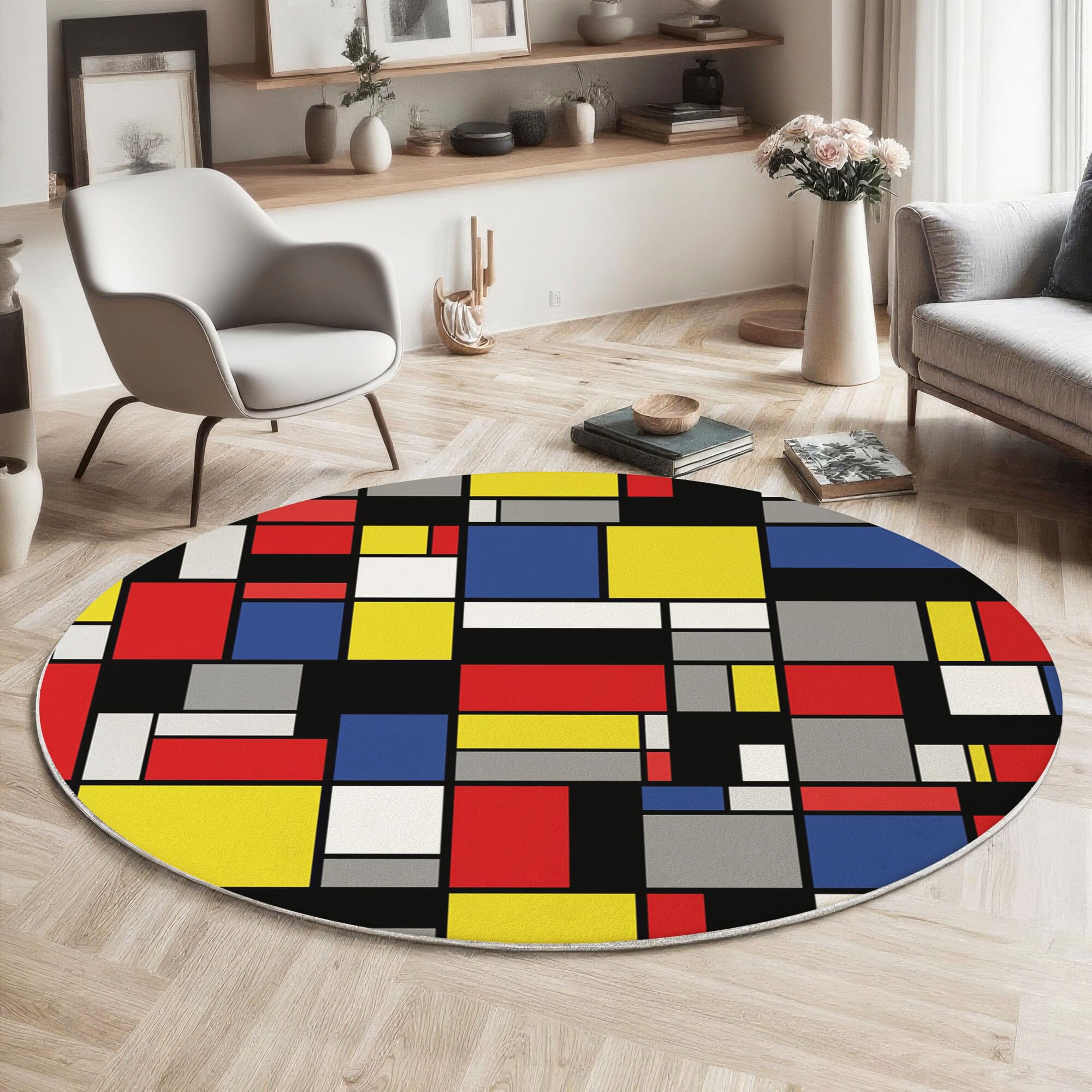 Waschbar Teppich Rund 120cm, rutschfest Dünner Teppich, Gegend Kreis Mehrfarbig Geometrie Raster Farbblock Fußboden Teppiche für Wohnzimmer Schlafzimmer Kinderzimmer